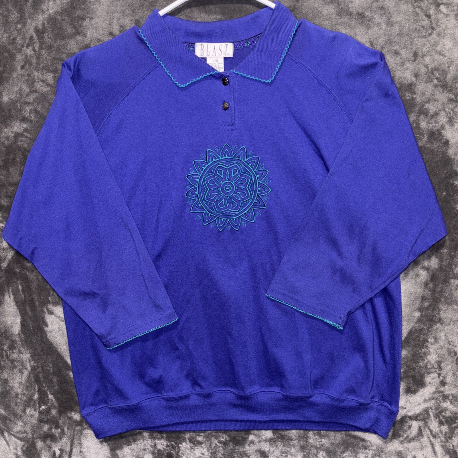 Vtg 90’s BLAST Women Purple Pullover Ornate Embroidery Silver Button Grandma