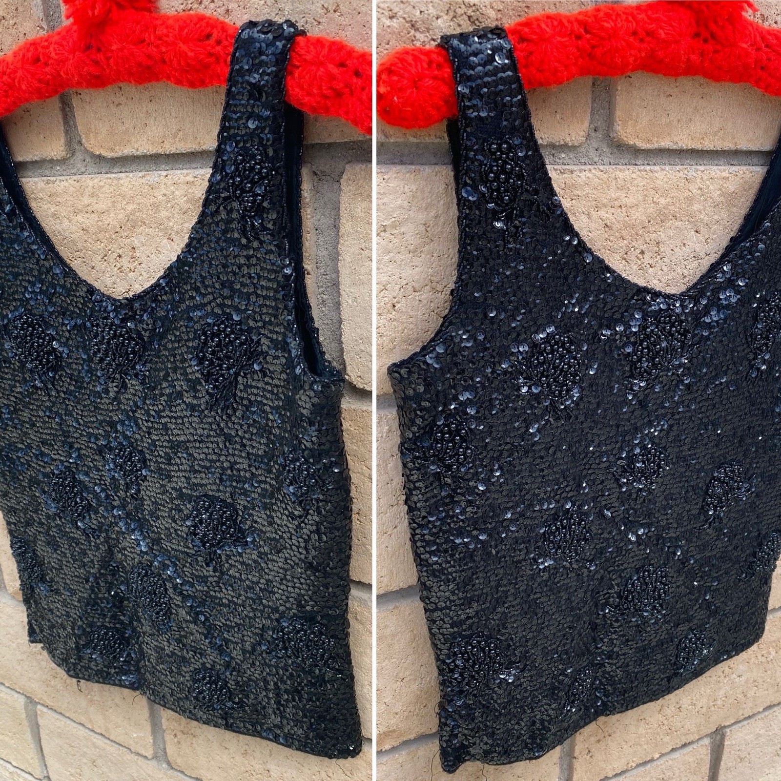 Black Sequin Beaded Wool Top Hong Kong Metal Zip Pinup Glam Tank S 50s 60s Vtg