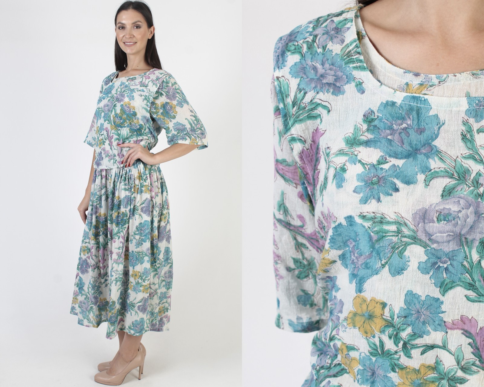 Bila White India Gauze Dress Vintage Floral Cotton Baggy Grunge Boho Sundress M
