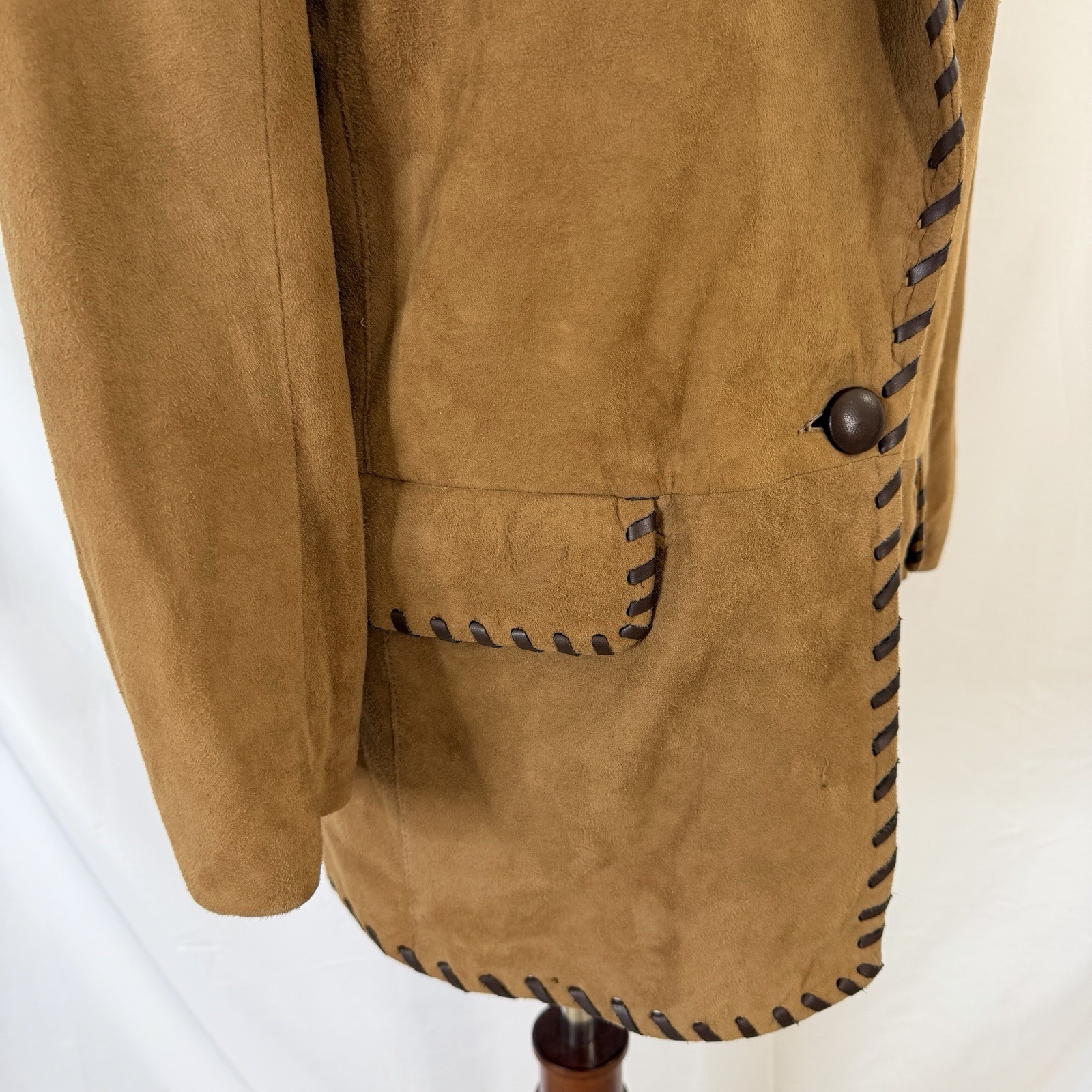 Vintage 90s Vakko Brown Leather Blazer style Jacket Small Whip Stitch Detail