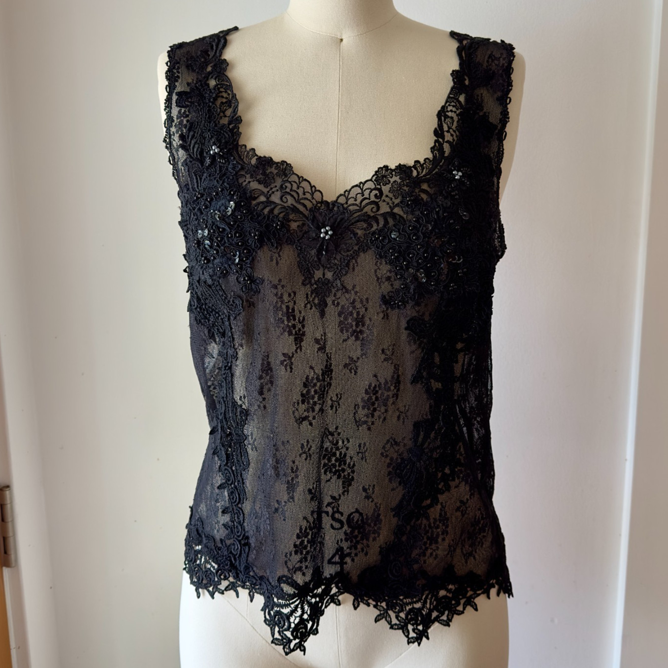 VTG Jonquil by Diane Samandi-Neiman Marcus Beaded Black Sheer Lace Tank Top-Sz S