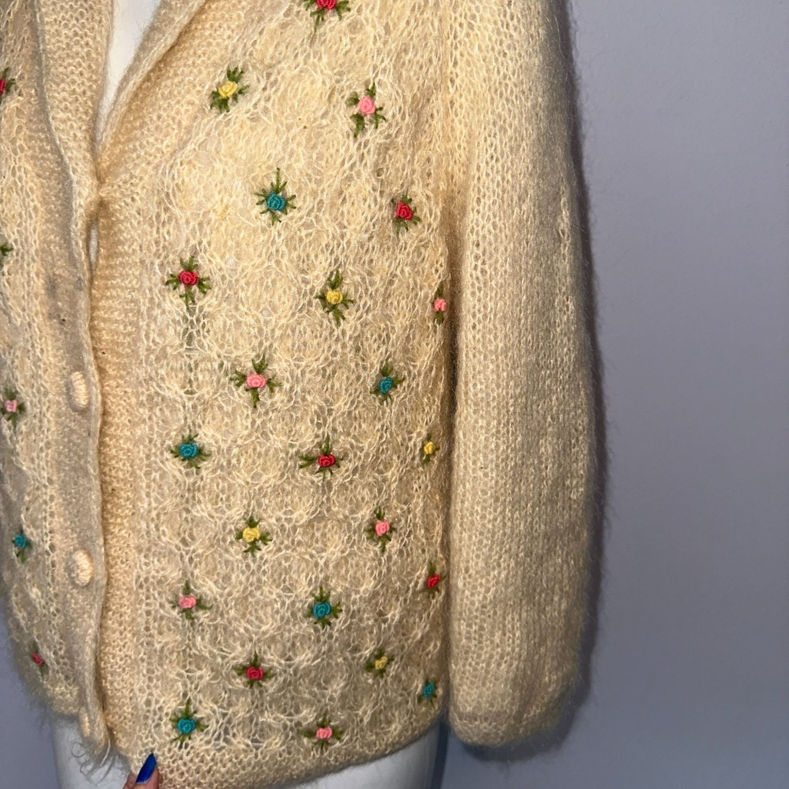 Vintage 1960s Cyn Les Cardigan Mohair Wool Cream Rose Knit Sweater Coquette S/M