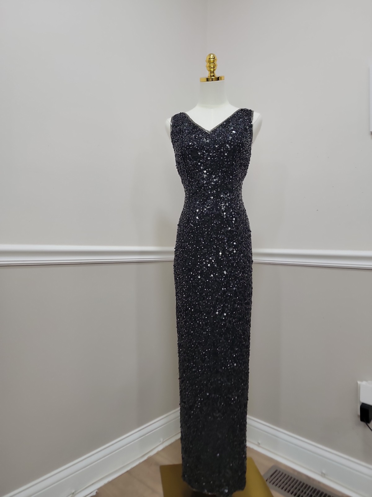 VTG 90s Black Sequin Column Gown Sleeveless Silk Evening Formal Prom Dress Med
