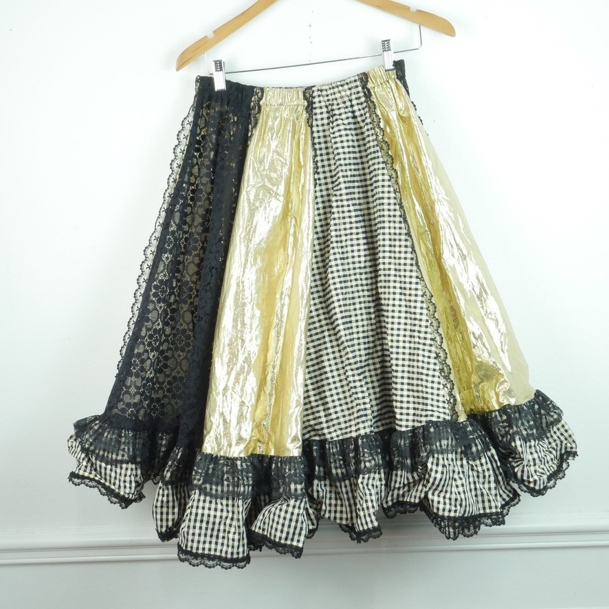 Vintage Pitchfork Brand Square Dance Skirt Medium Gold Lame Black Lace Metallic