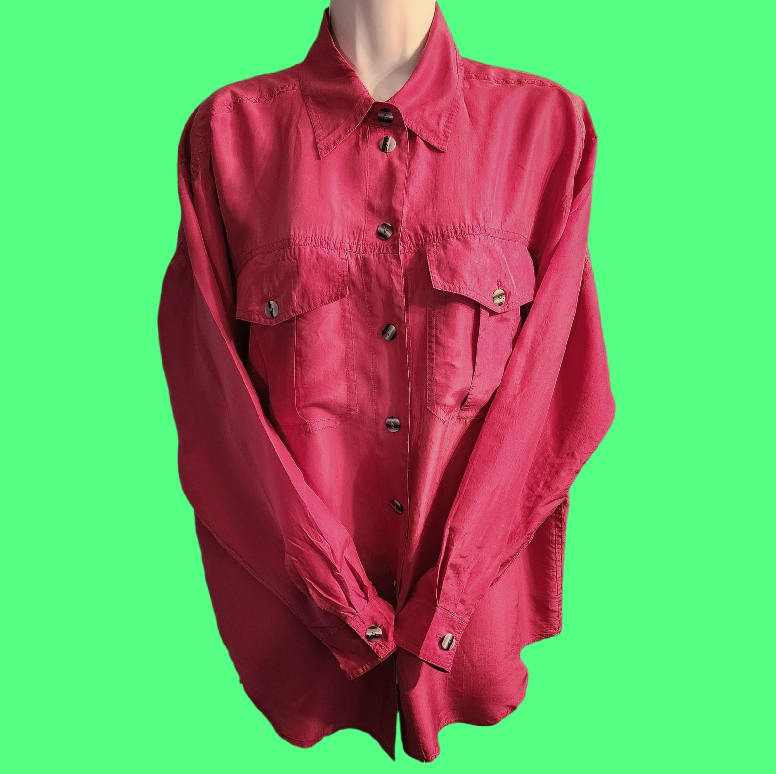 VINTAGE 90’s SILK LAND Hot Pink Pure Silk Hot Pink Longsleeve Blouse 14