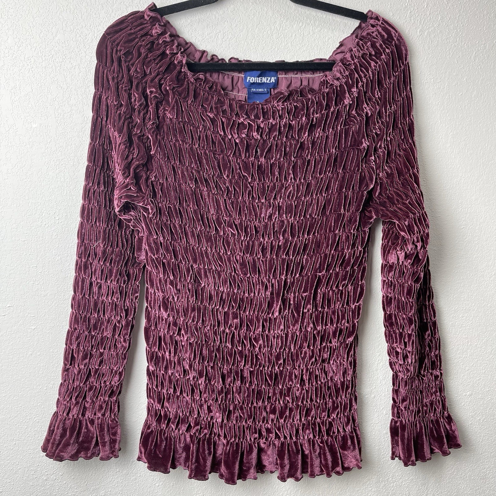Vintage 80’s Forenza Wine Velvet Long Sleeve Spandex Stretch Top Blouse L Boho