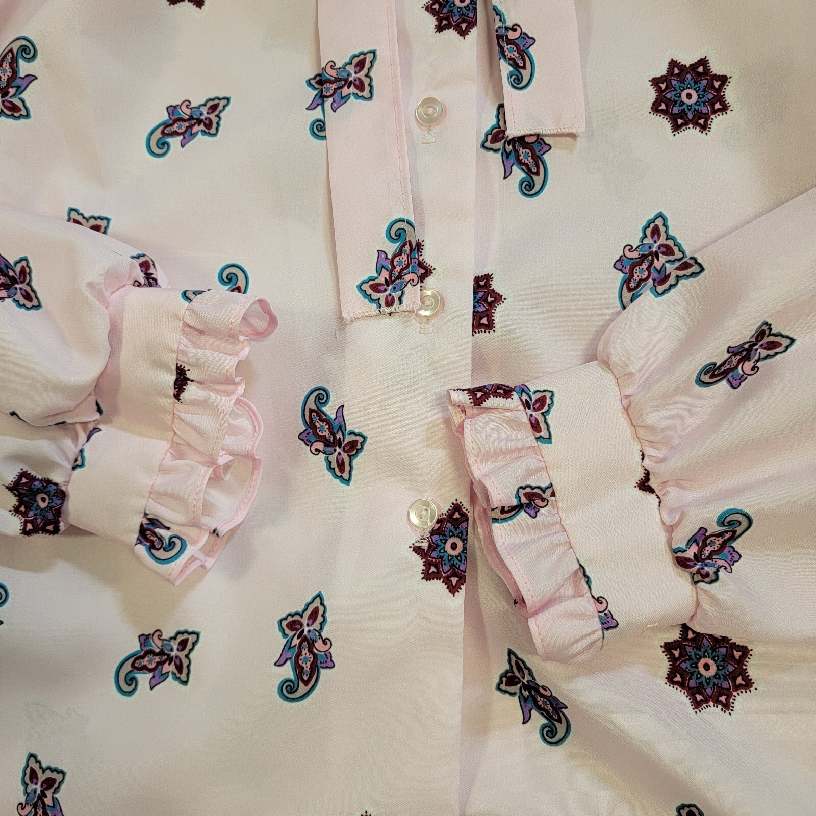 A Dante Original Vintage Blouse Pink Paisley Stand Up Ruffle Collar Medium 70s