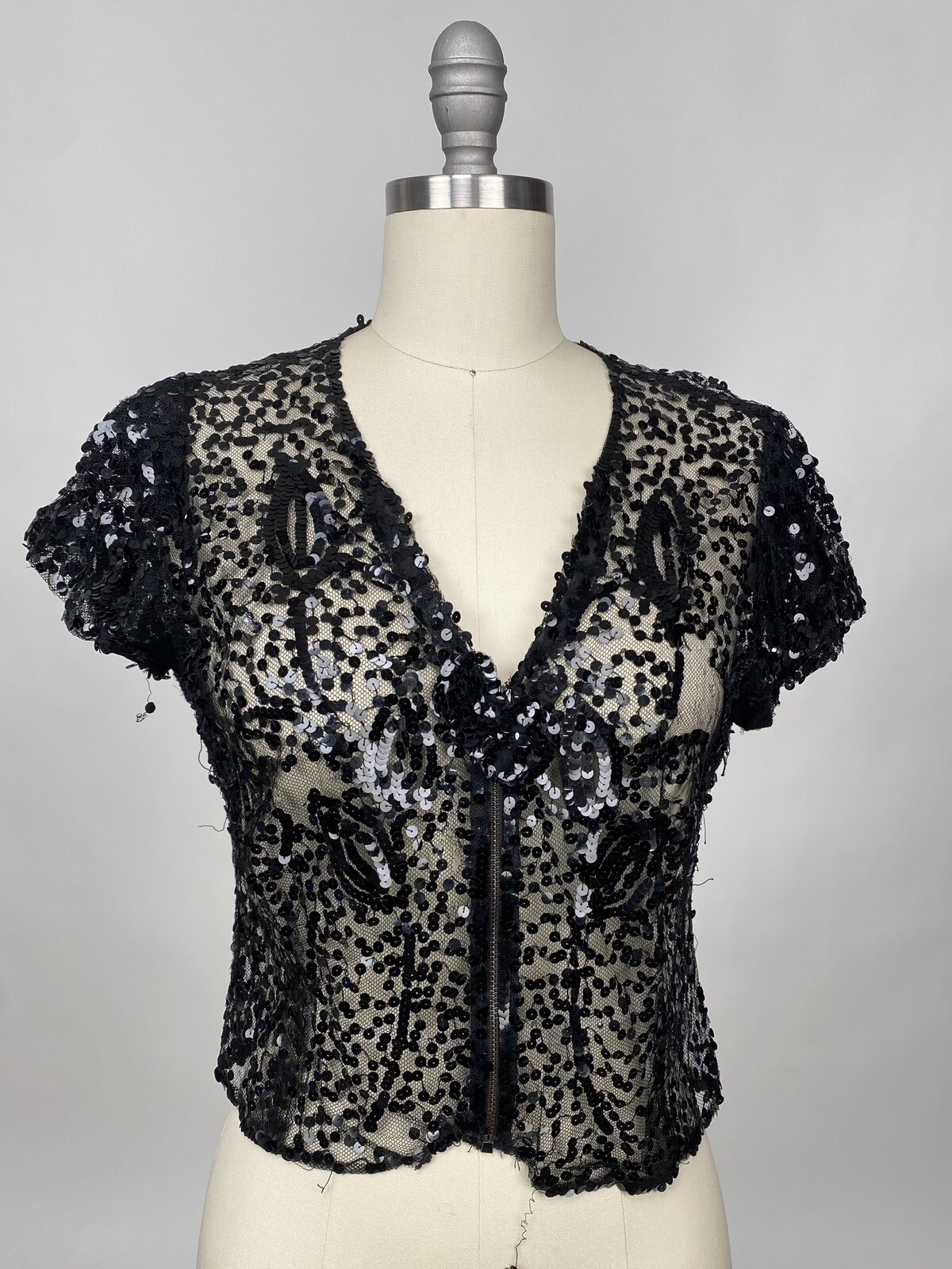 Antique Vintage 1930s Black Net sequin Top Zip up Short Sleeve AS IS