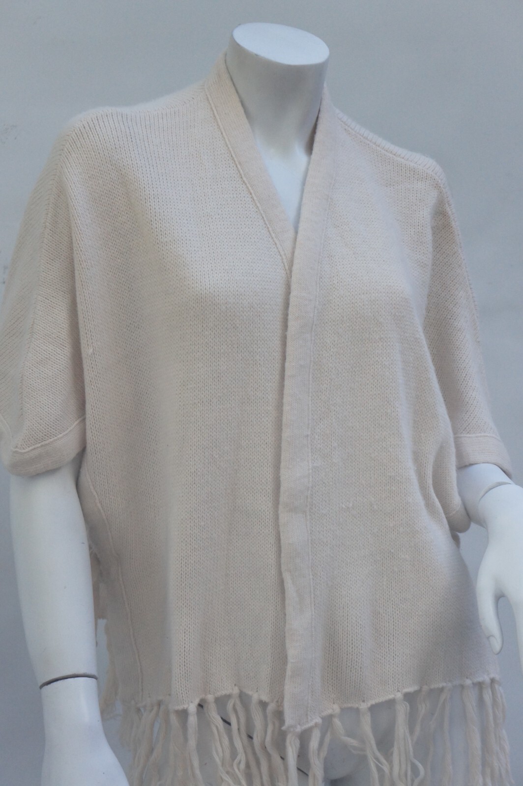 Vintage 70s Knit Creme White Fringe Poncho Jacket Sweater Cardigan By Milrank