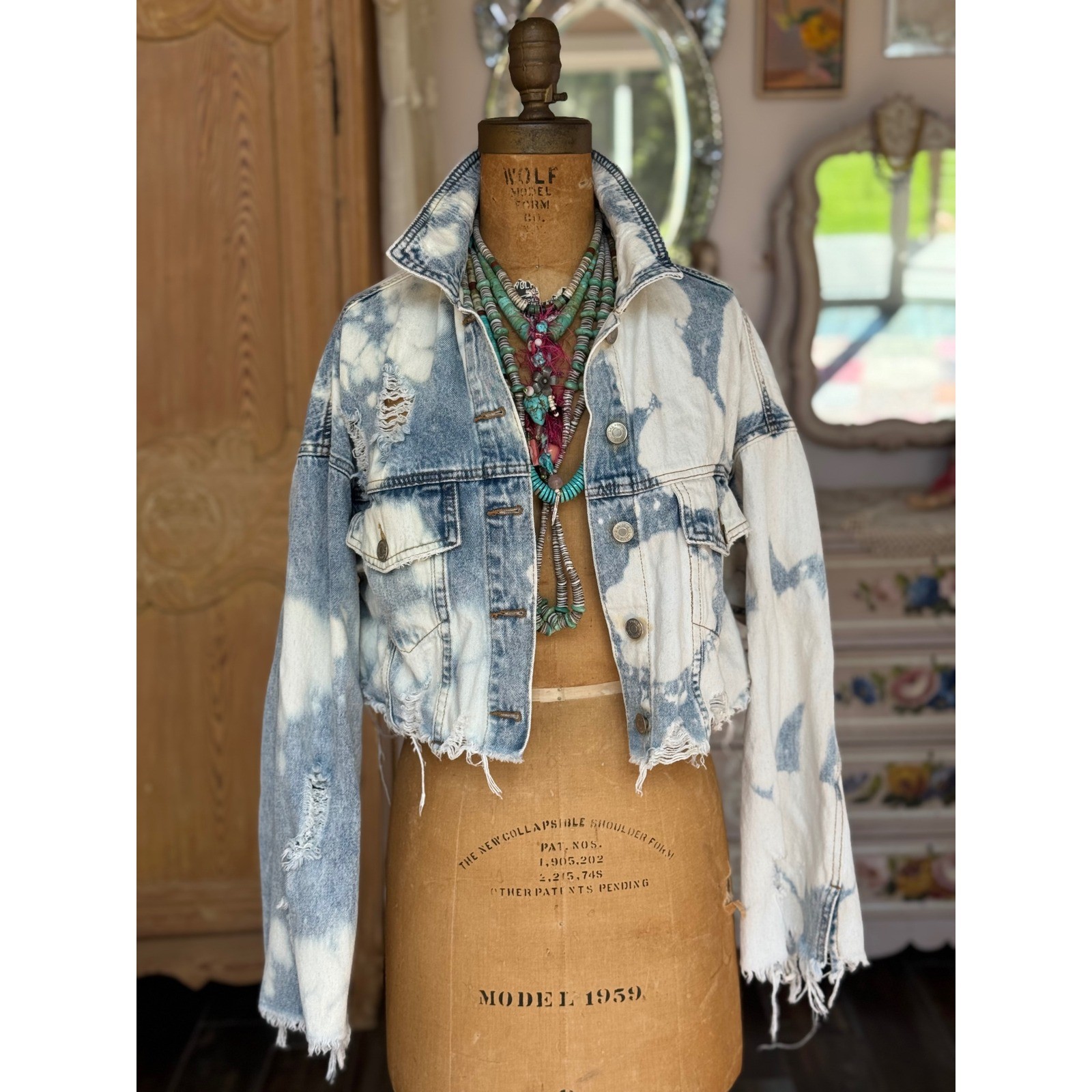 OOAK Distressed Bleached Denim Sacred Heart Lotus Cropped Jacket M