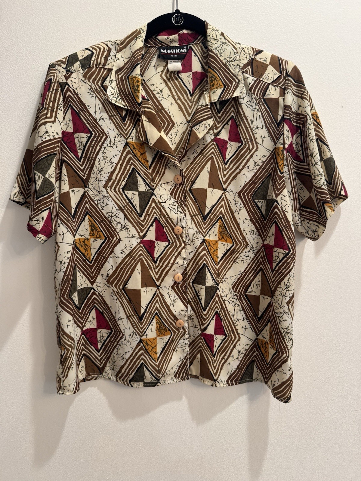 VTG 1980s Short Sleeve Blouse Cream Multicolor Abstract Pattern Boho Normcore
