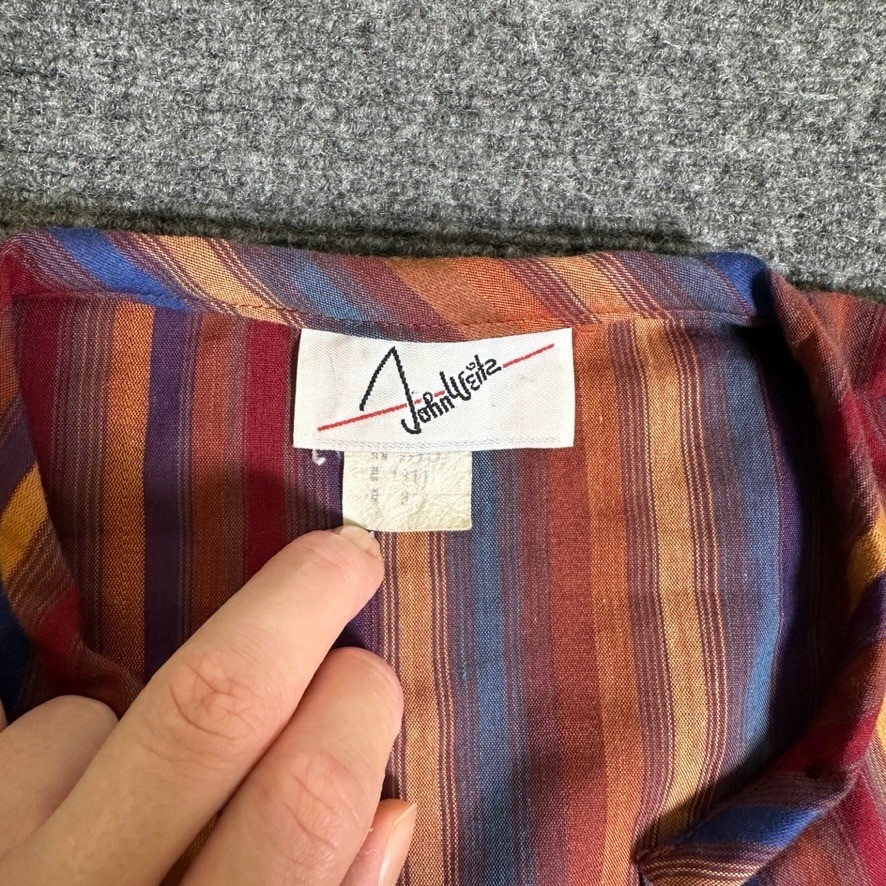 John Weitz Vintage 80s Blouse Band Collar Striped Multi-Color Long Sleeve Size 8