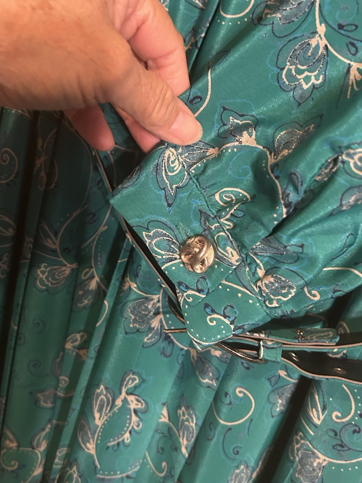 VTG 80s Leslie Fay Secretary Dress Sz 16 Long Sleeve Pleated Midi Green Paisley