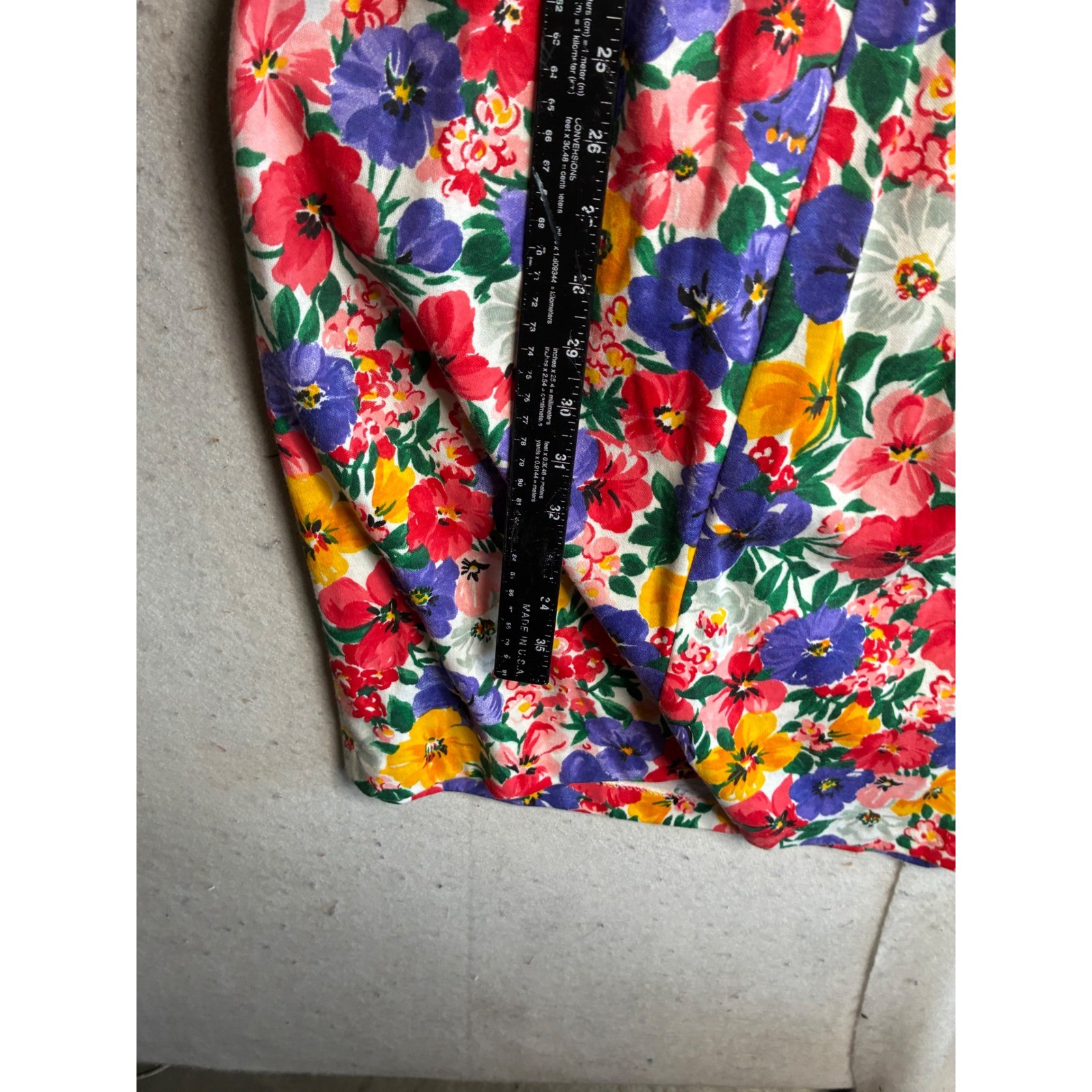 Vintage Expo Floral Ruching Midi Dress Multi Color Pansy Puff Sleeve USA Made 12