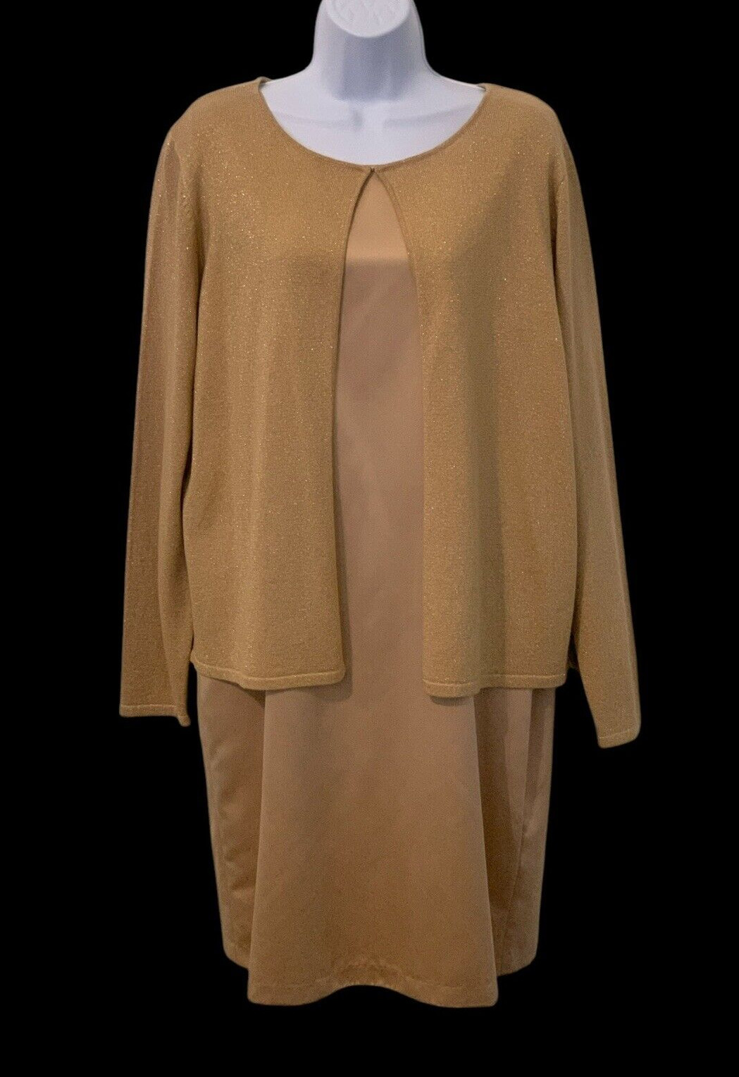 Victoria Holley Womens 2 PC Dress Set Size 14 Gold Silk Blend Matching Cardigan