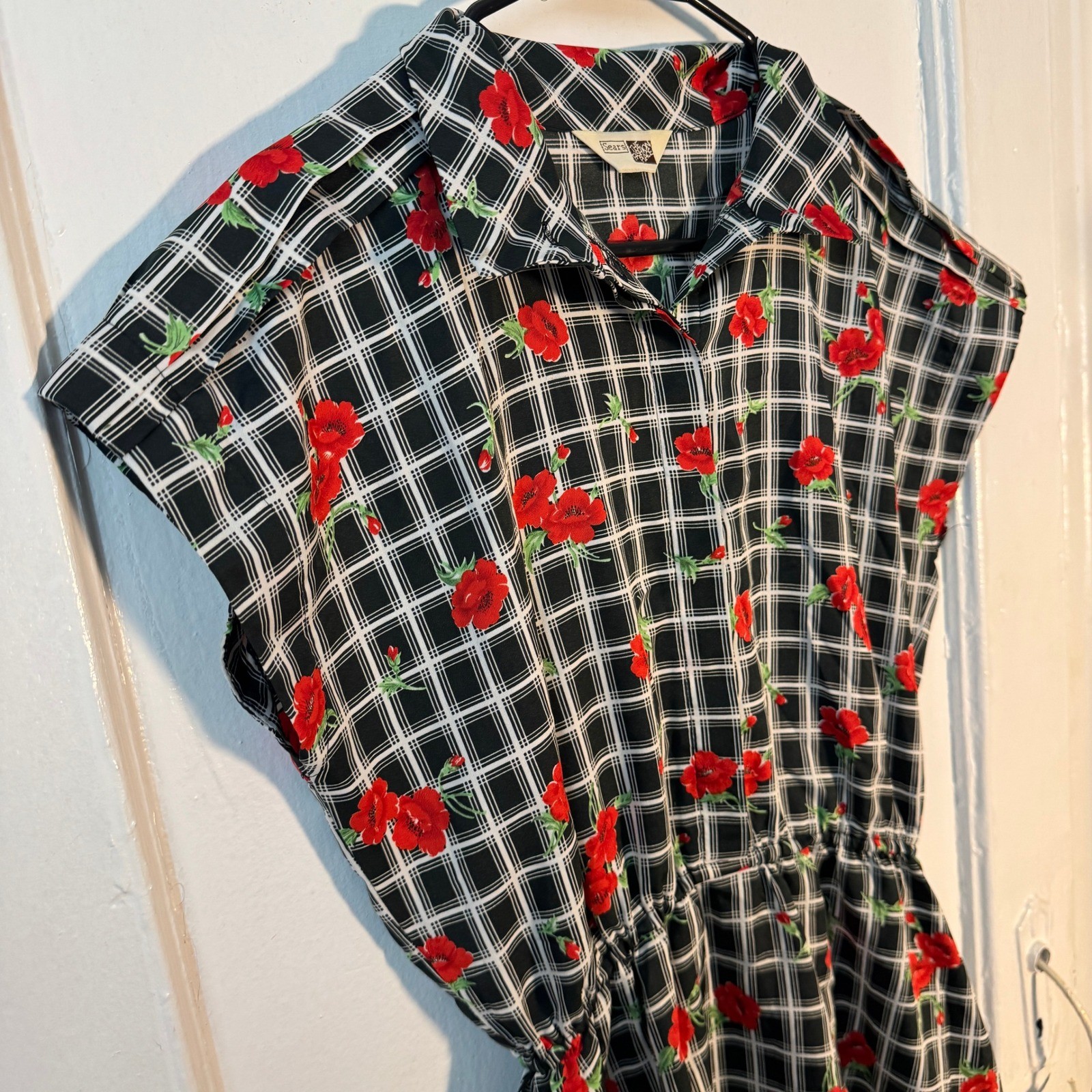 Vtg 1970s Sears The Fashion Place Plaid Poppy Floral Midi Black Red Maximalist