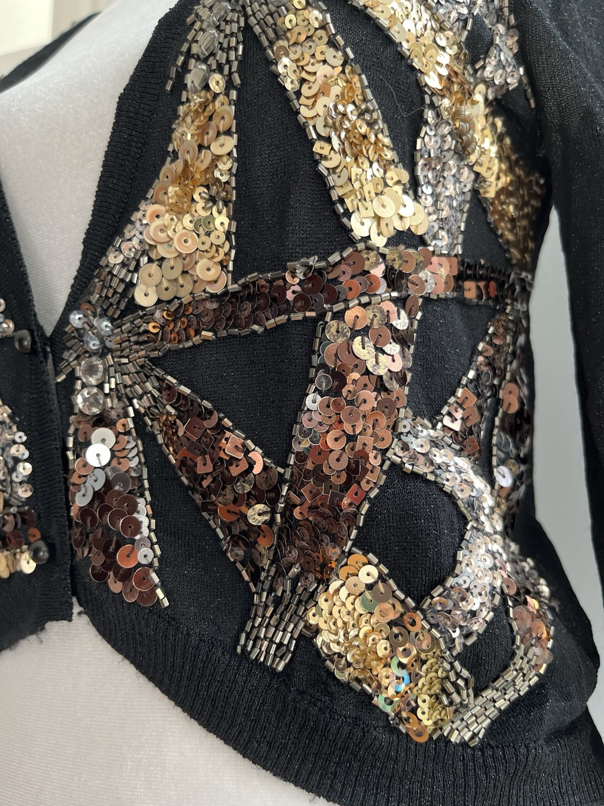 Sequin Beaded Sheer Black Gold Cardigan Sweater Pin-up Evening 80’s XS S Cropped