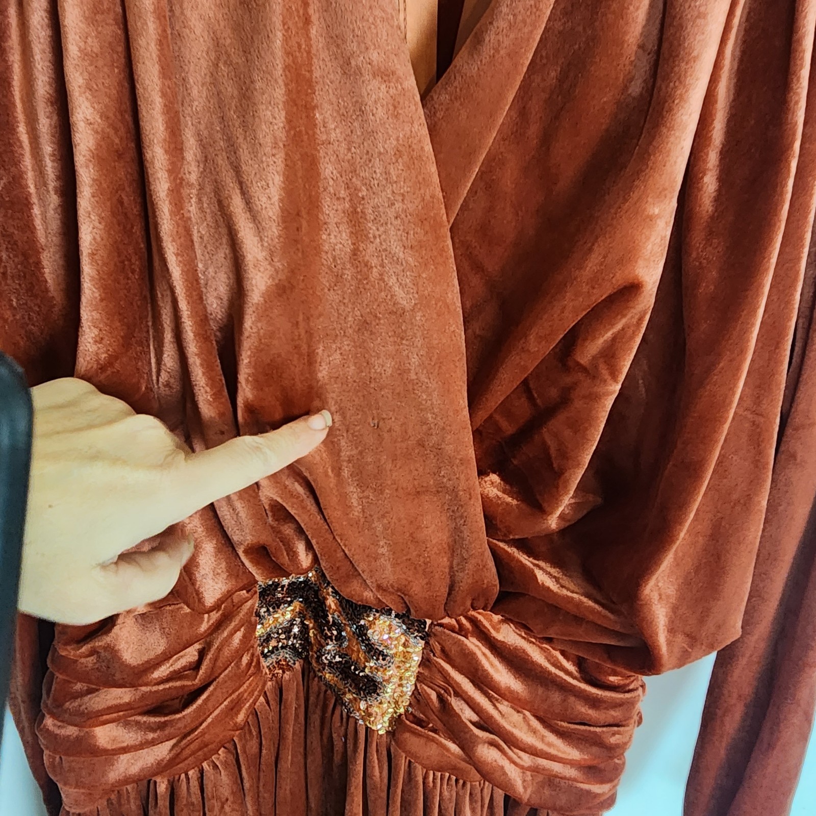 Vintage 80s Rust Velvet Dress 10 Beaded Disco Studio 54 Draped Rare John Charles