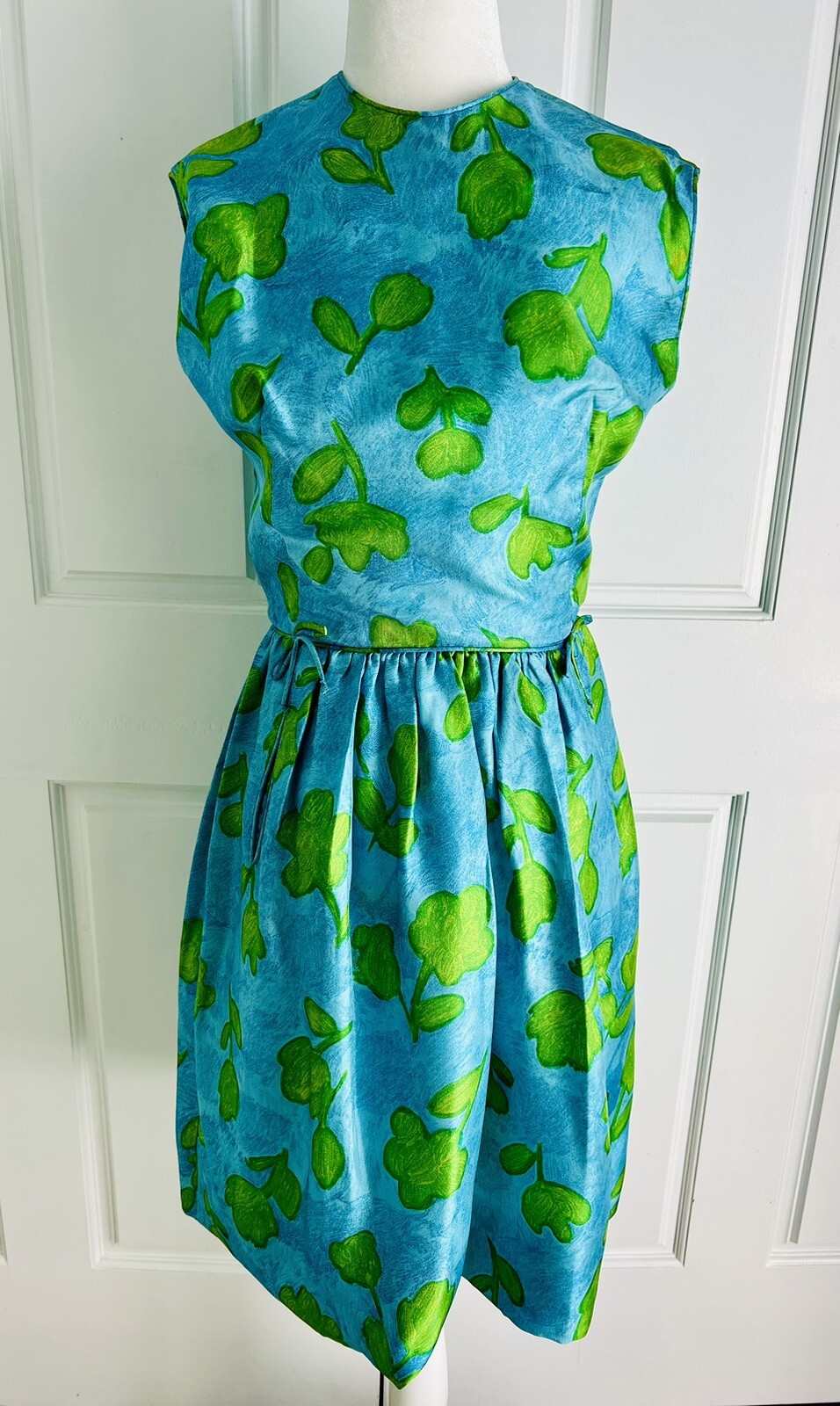 Vintage 1960’s Youth Guild N.Y. Turquoise Blue Green Floral Silk A-Line Dress S