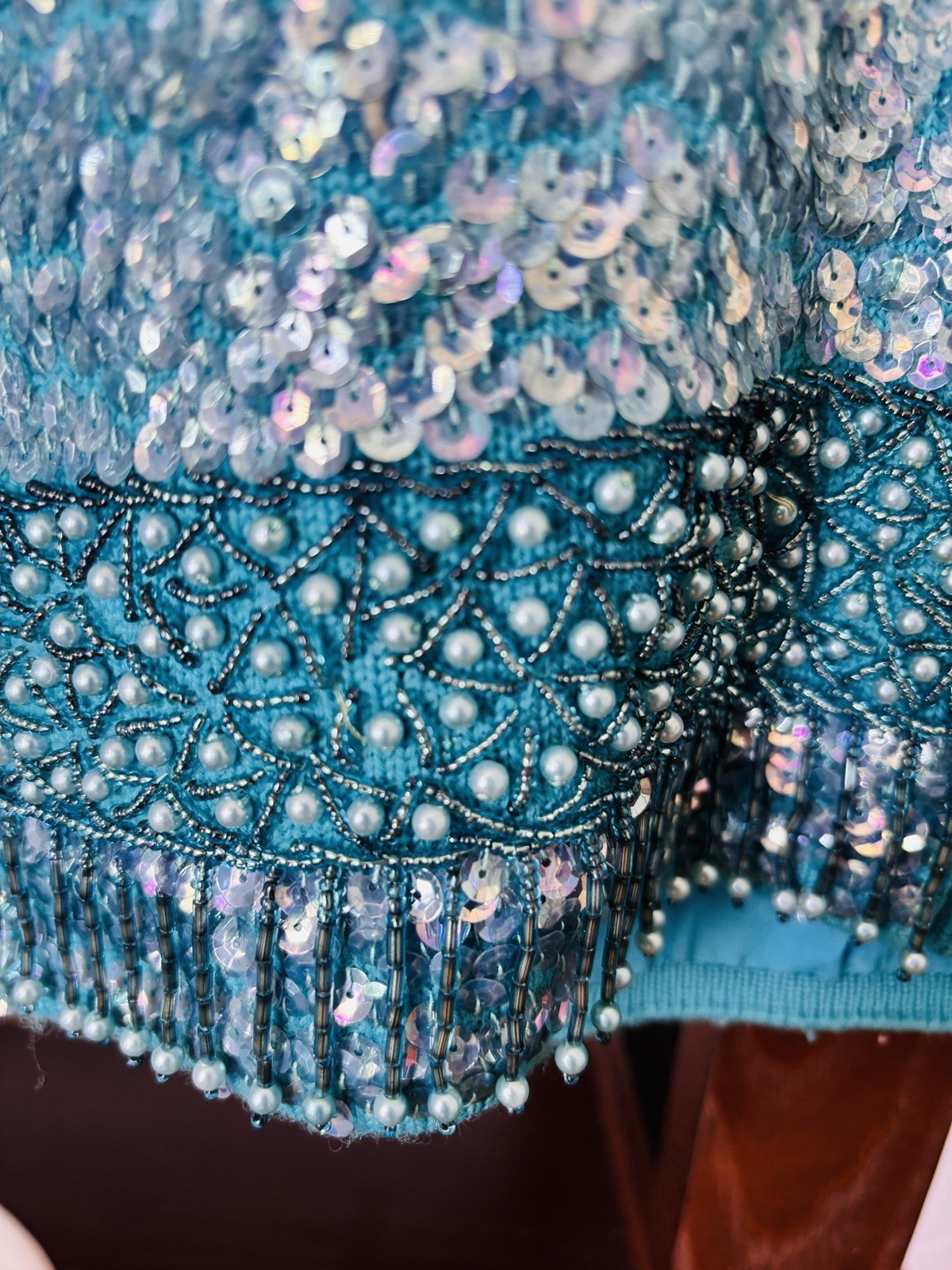 Vintage Women’s Blue 100% Wool Sequined Embellished Tank Top Made in Hong Kong