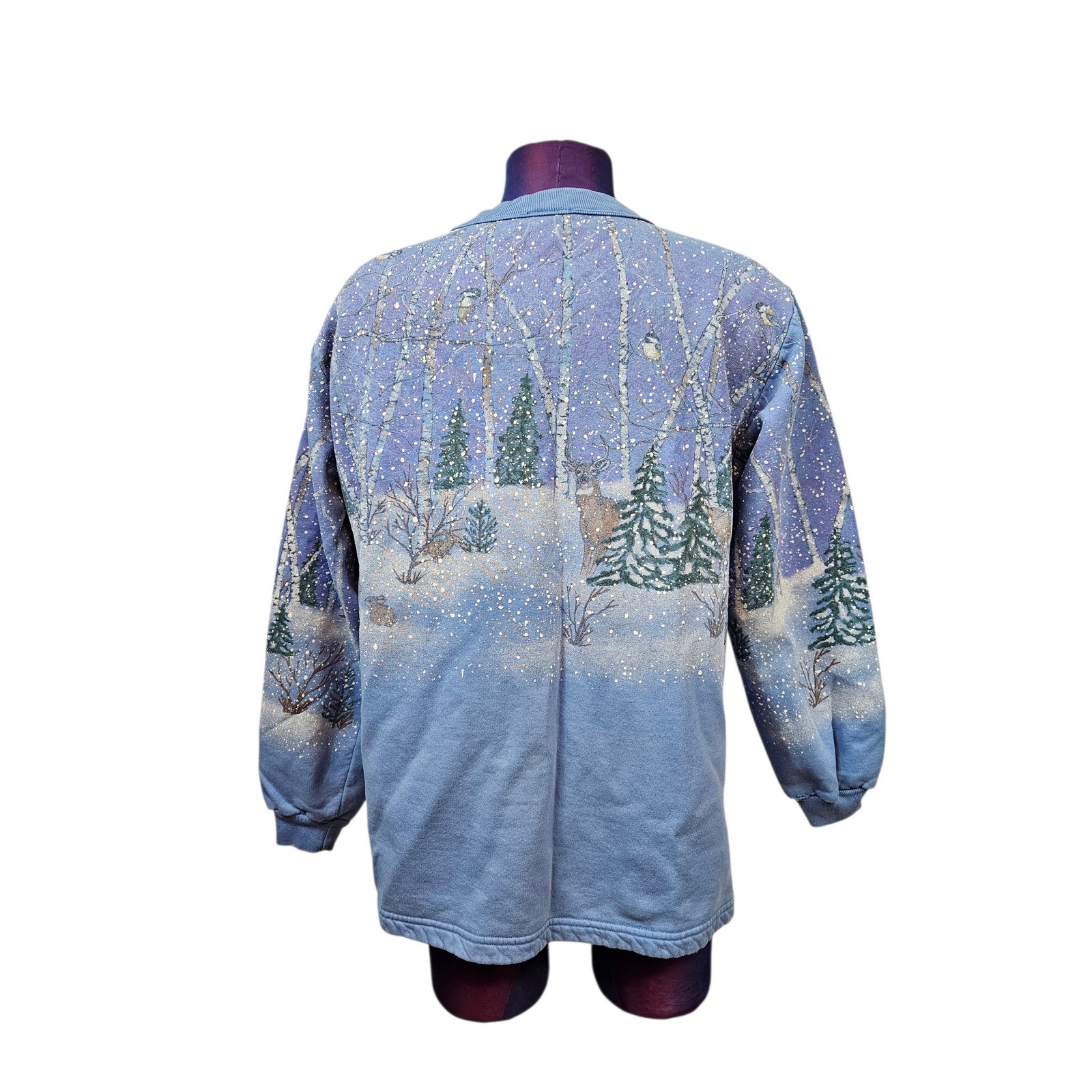 Vintage Artisans Sunschein Designs Winter Deer Scene Sweatshirt Blue Women Large