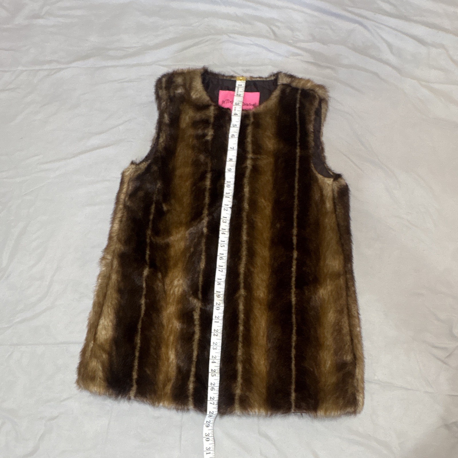 VTG Betsey Johnson Striped Faux Fur Vest Brown Tan Boho Retro Pink Label Sz M