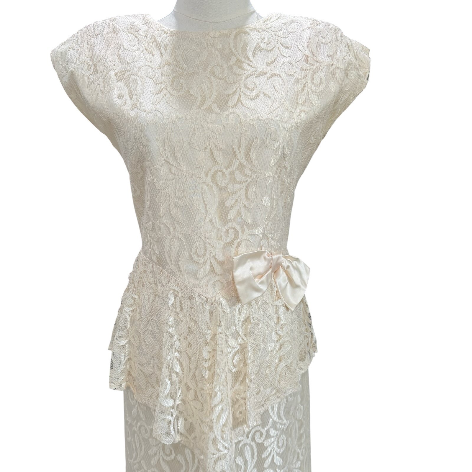 Vintage Zum Zum Lace Peplum Midi Dress Ivory Cream Bow Handkerchief Hem Bridal