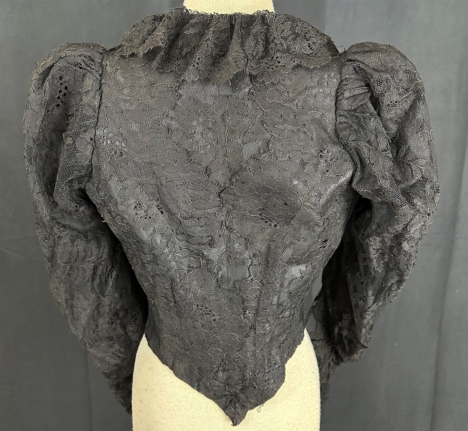 Victorian Black Bobbin French Chantilly Lace Ruffled Leg of Mutton Sleeve Bodice
