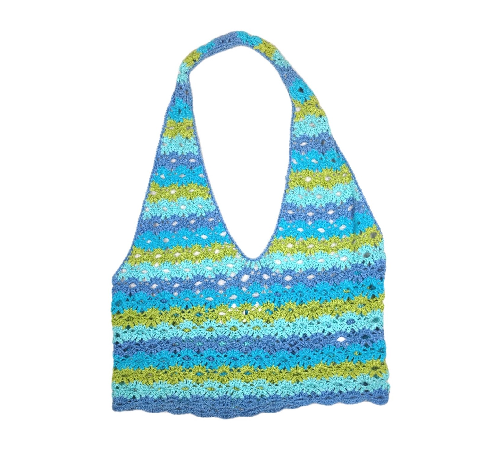 1990s Crochet Halter Top Retro Stripe Fan Stitch Cotton Ramie Medium Mall Hippie
