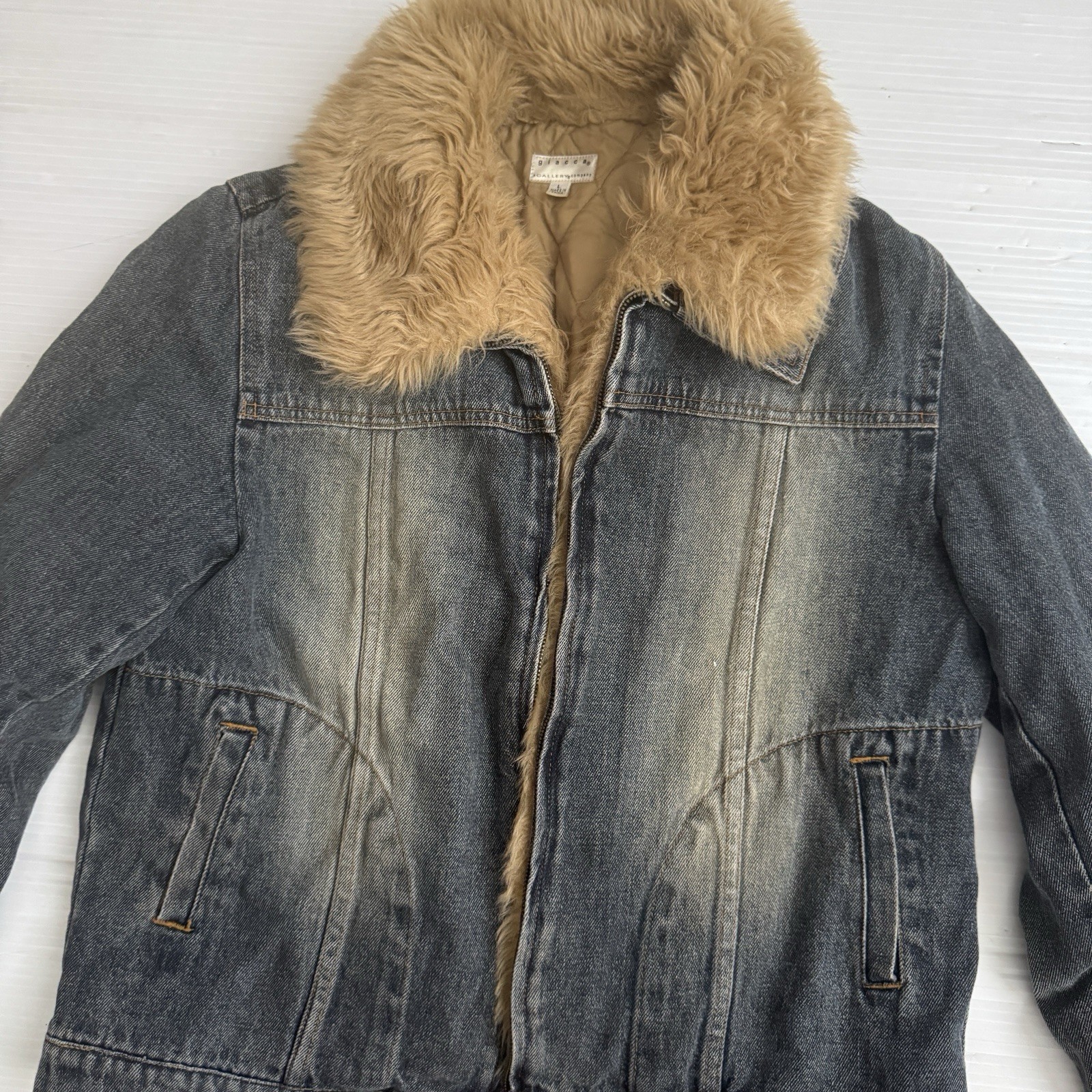 1990s GIACCA Gallery Denim Jacket w/Faux Fur Collar Cuffs Trim Zippered Size L