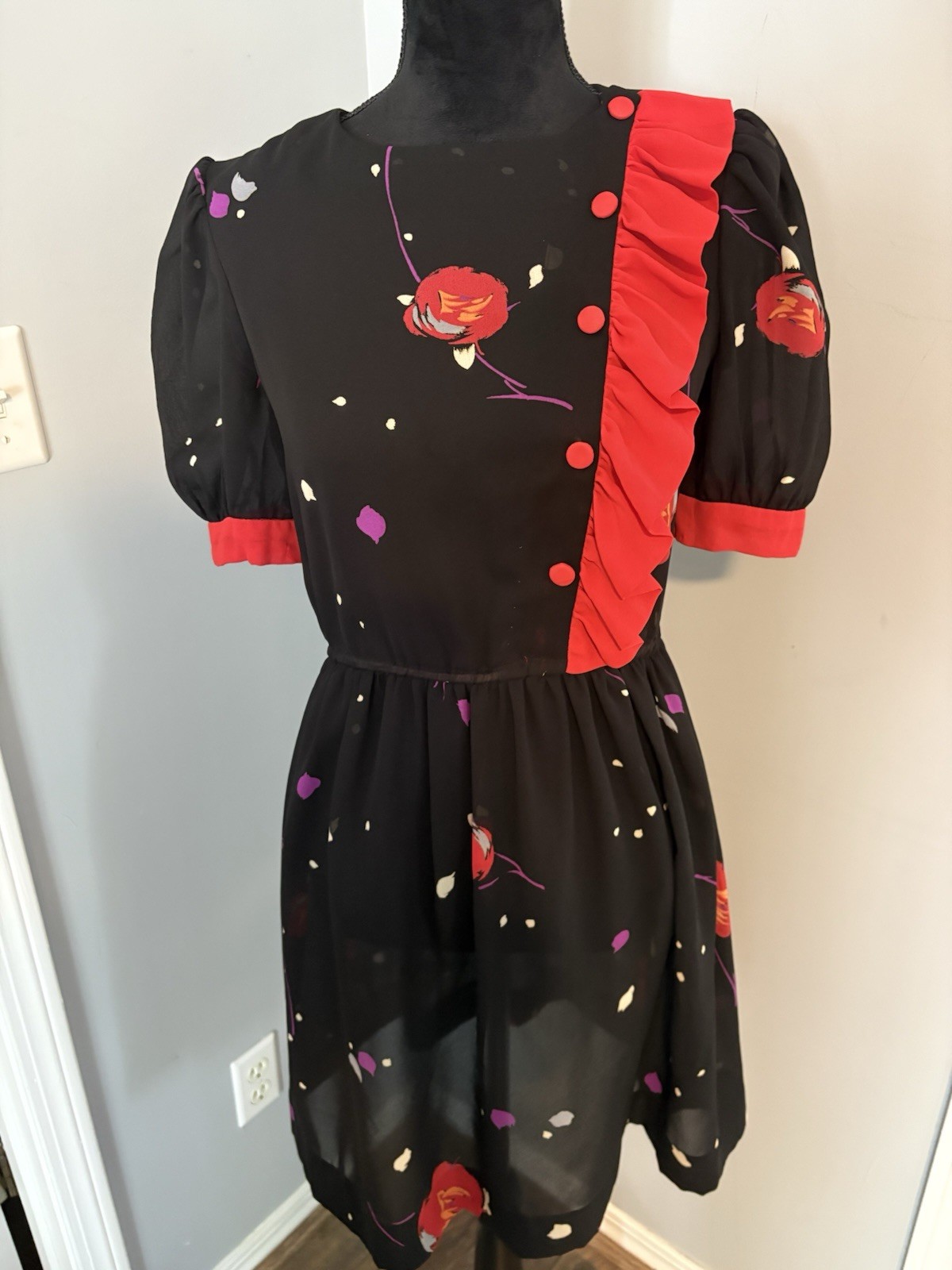 Vintage 80s New Wave Dress Sheer Chiffon Asymmetric Ruffle Puff Sleeve Punk Art