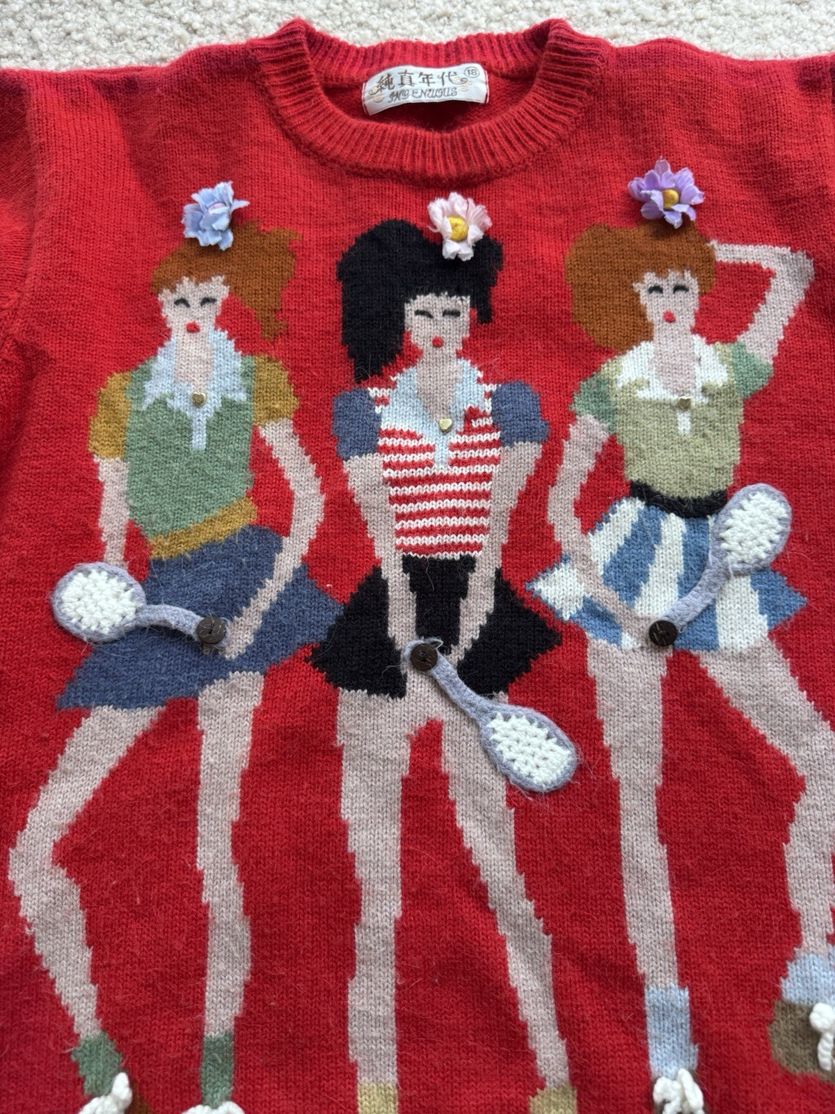 Vintage Tennis Women’s Sweater Novelty Knit Red Floral Applique Retro 80s 90s