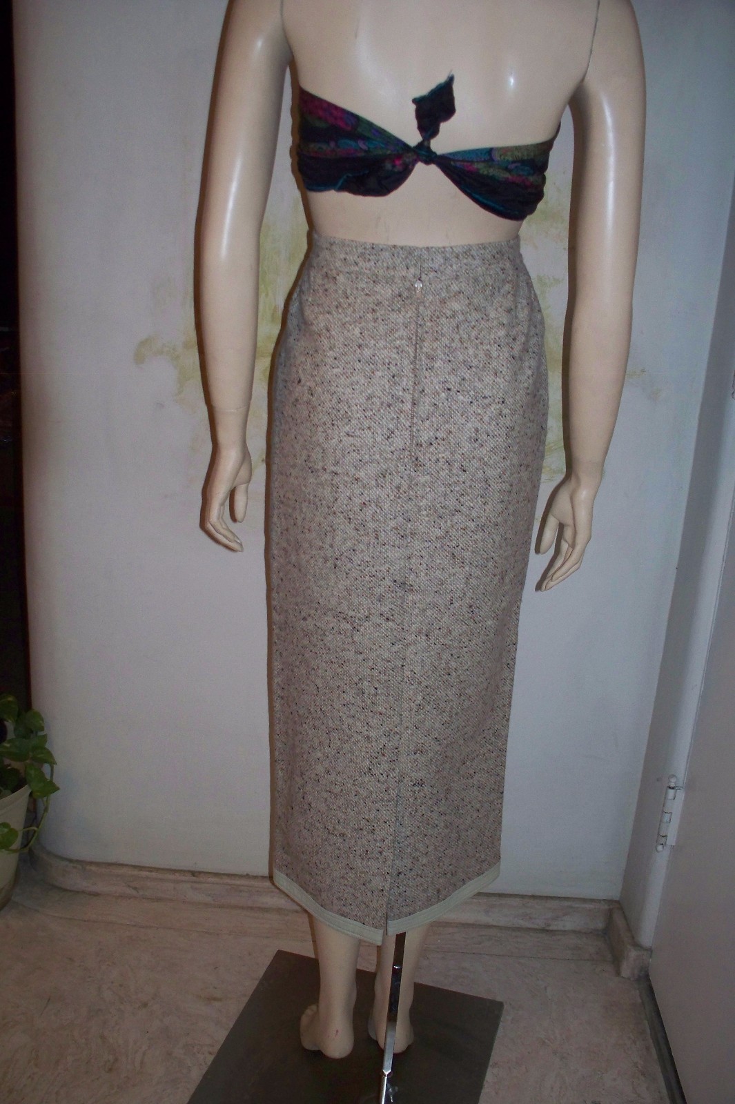Rare VTG ” Bernard Perris ” Paris Neutral Tweed & Leather 80’s Pencil Skirt XS-S