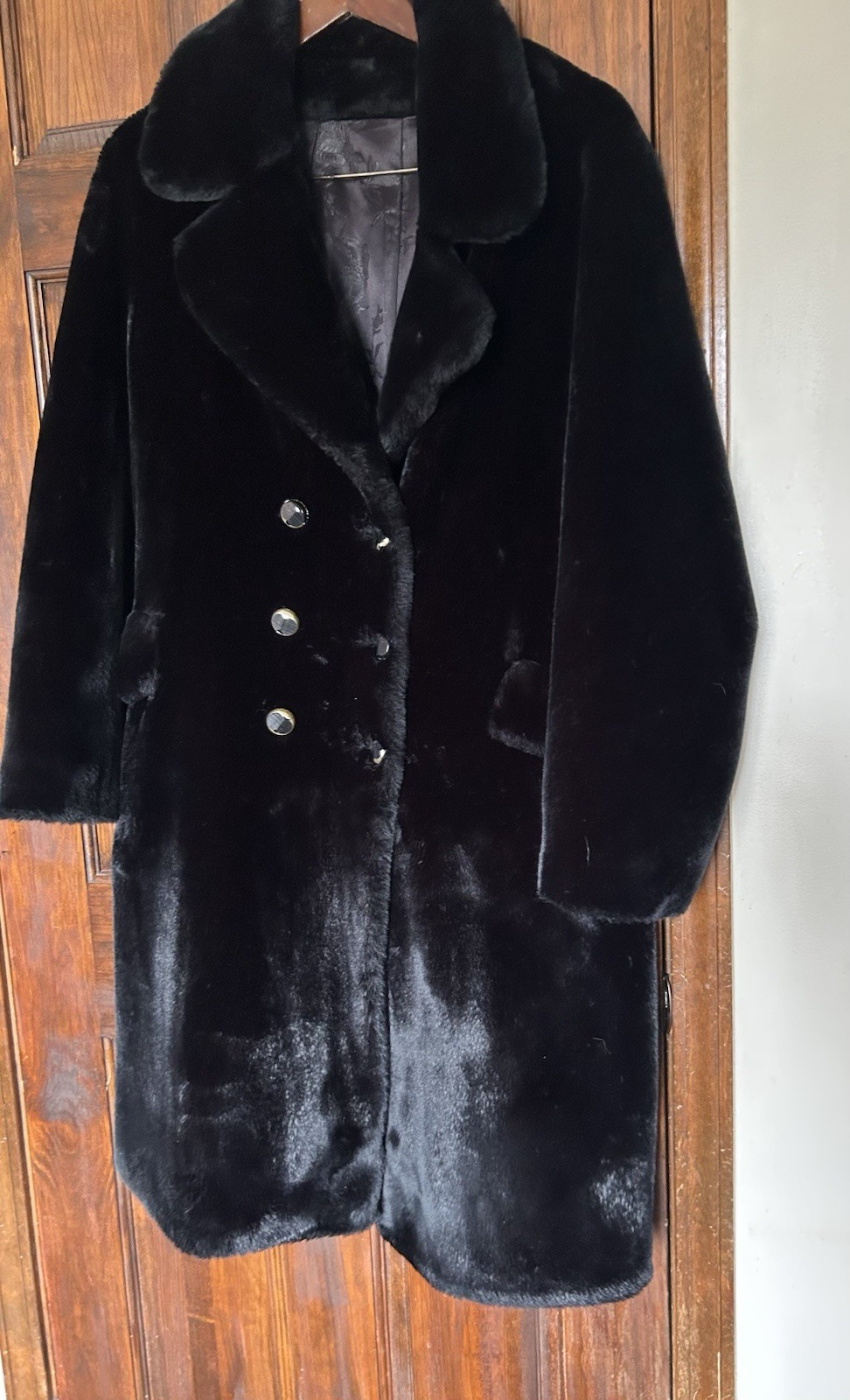 Vintage Borgana Black Faux Fur Plush Coat Double Breasted Women’s Sz M 42”