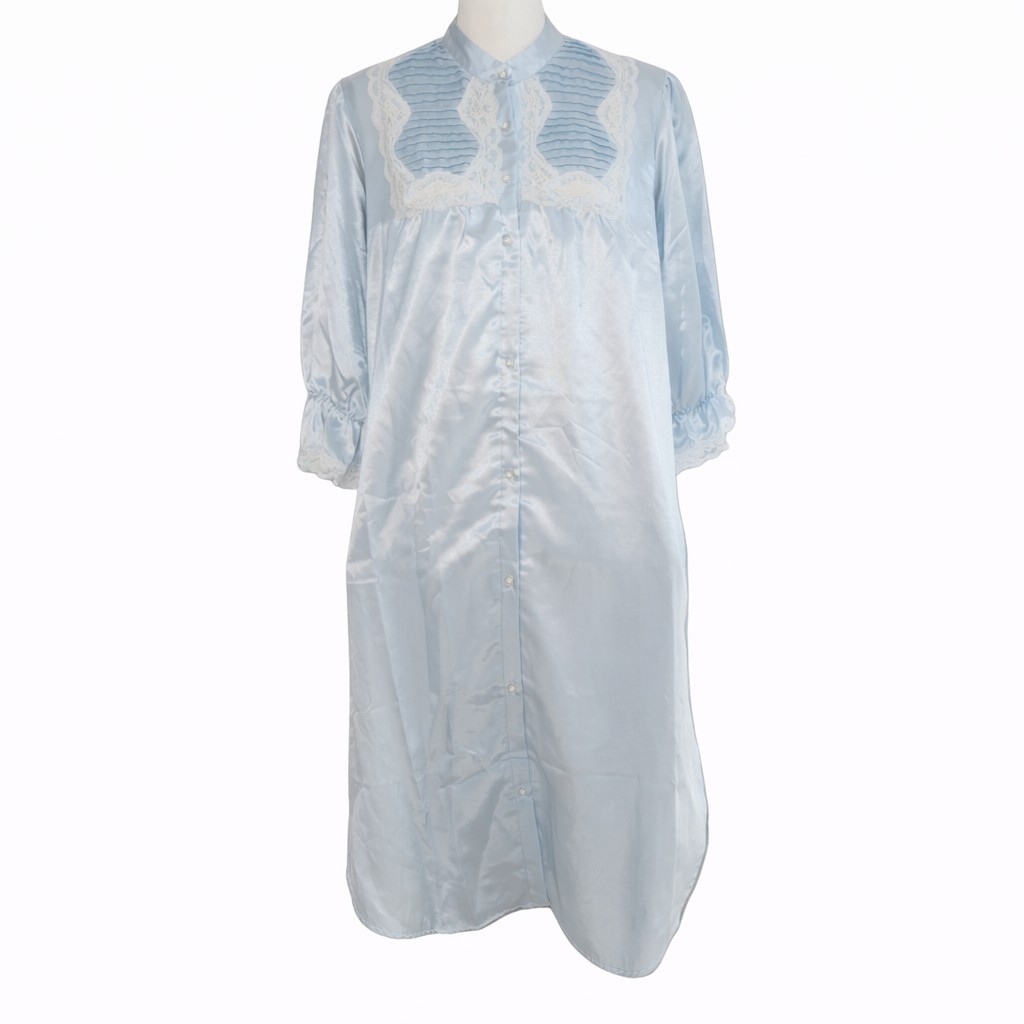 VTG Lewis Frimel Satin Lace Nightgown Baby Blue Button Front Boudoir Peignoir