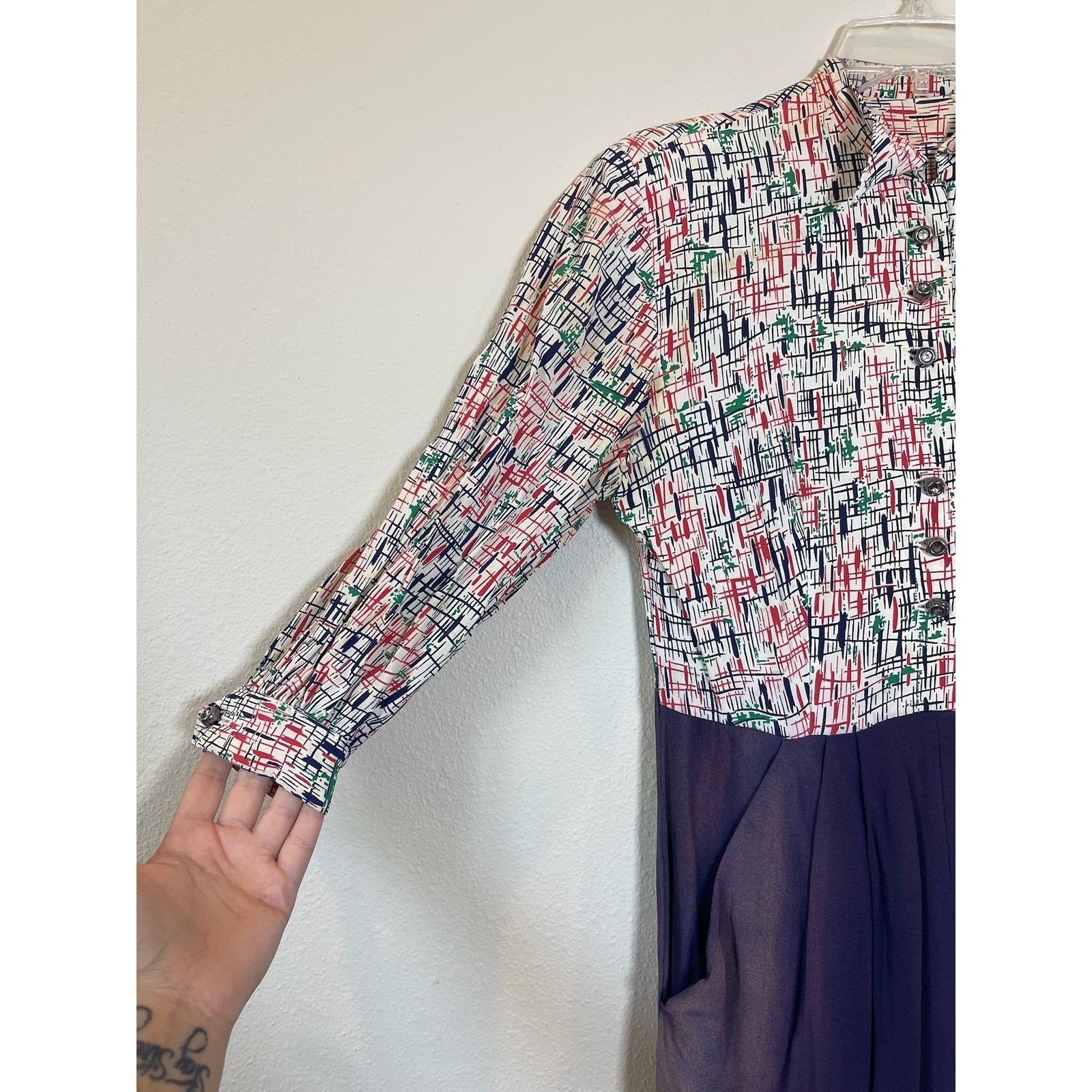 Vintage Handmade Abstract Mixed Media Midi Shirt Dress Pleated Pockets L/XL