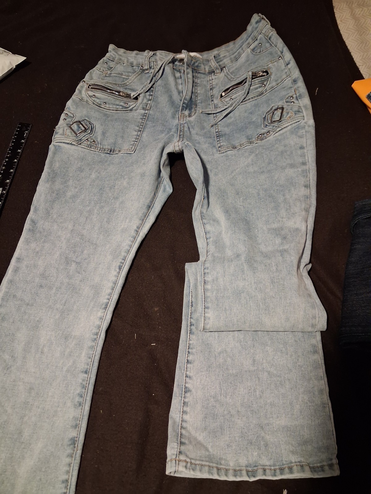 Women Flared Jeans Size 11 Light Wash Blue Denim Drawstring Zipper Pockets
