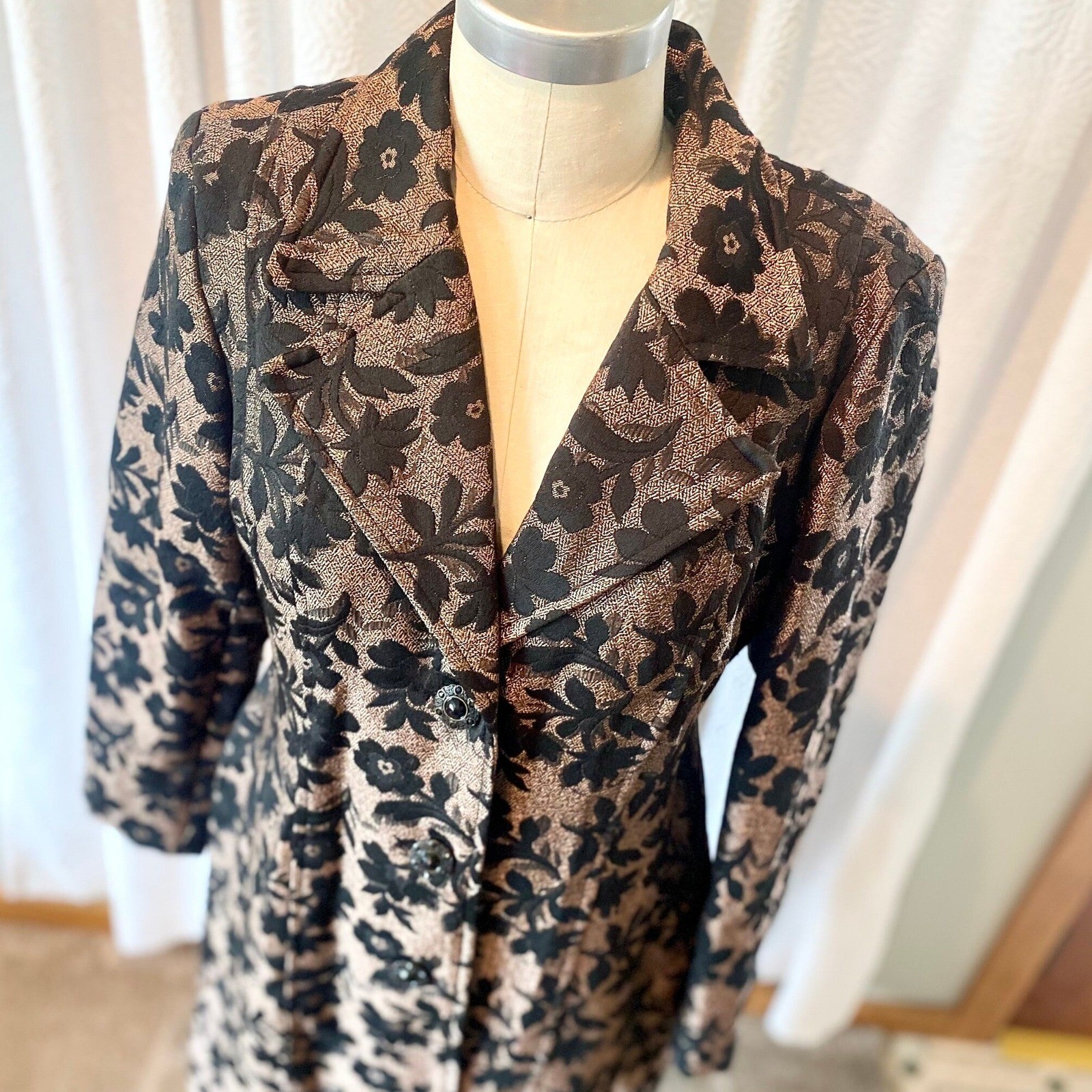Vintage Brocade Trench Coat, Black Copper Metallic Floral, Size 12