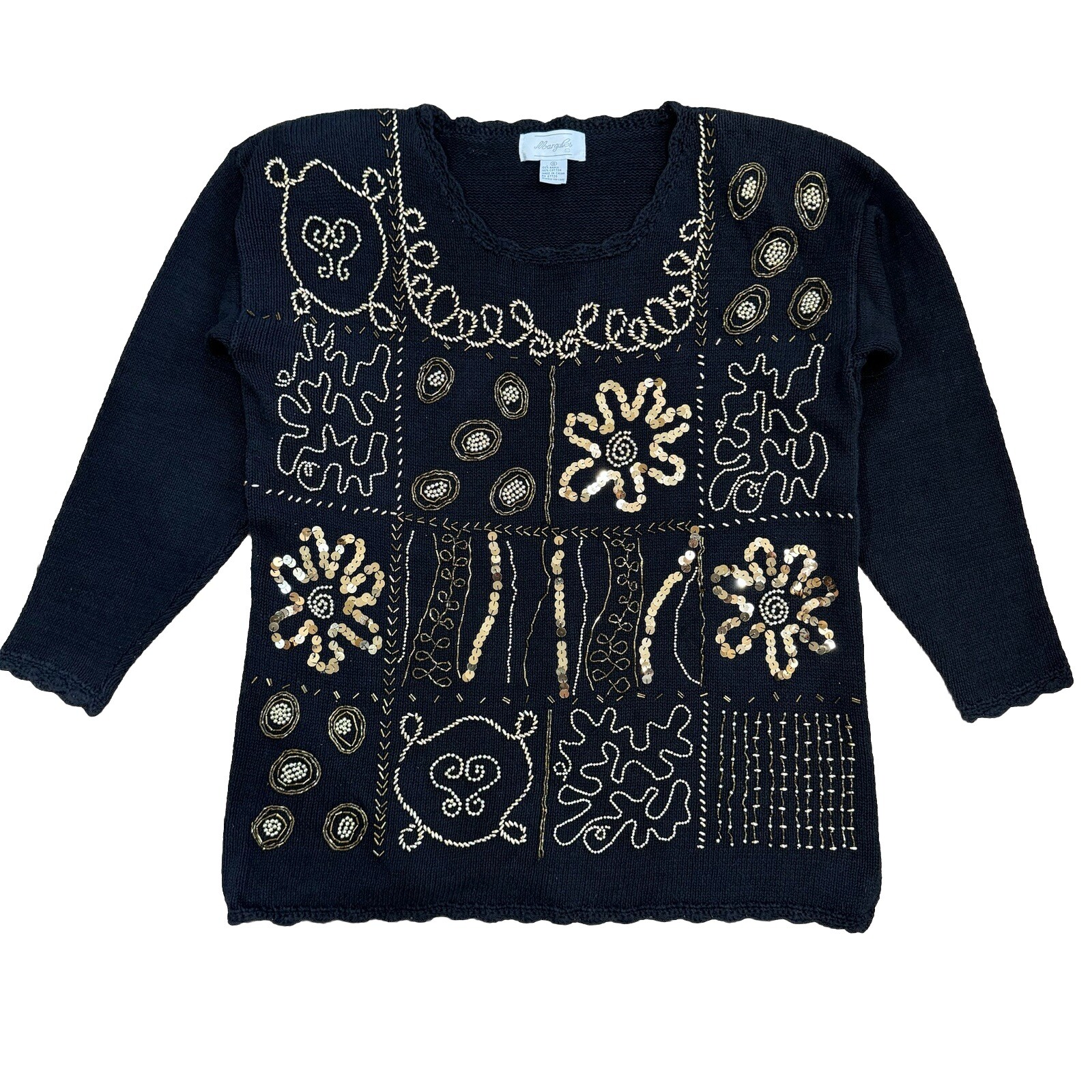 Vintage 80’s Black Gold Beaded Sequin Sweater Size Small Grandmacore Margules