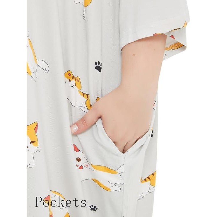 KFUBUO Plus Size Nightgowns for Women Grey Cat Fit S-5XL Oversized Sleep