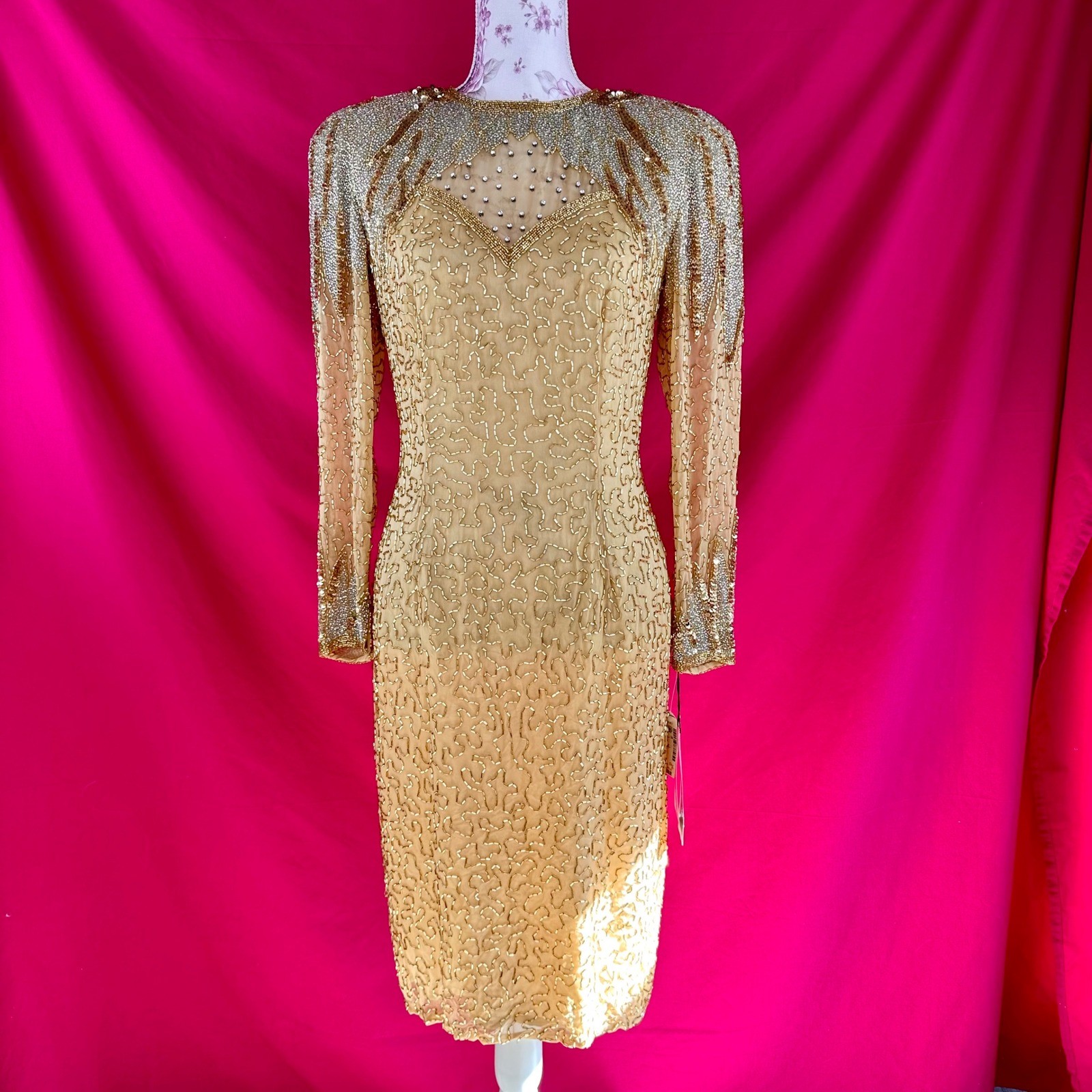 NWT Beaded Sequin Rhinestone Silk Gold Party Midi Dress Oleg Cassini Size 6 NYE