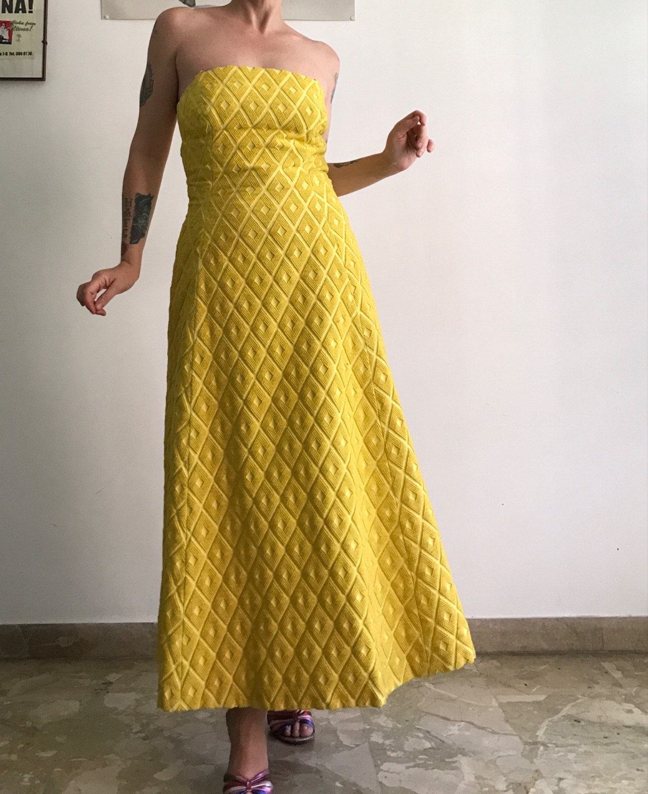 Vintage 1960s Long Yellow Cotton Worked Jacquard Strapless Headband Dress