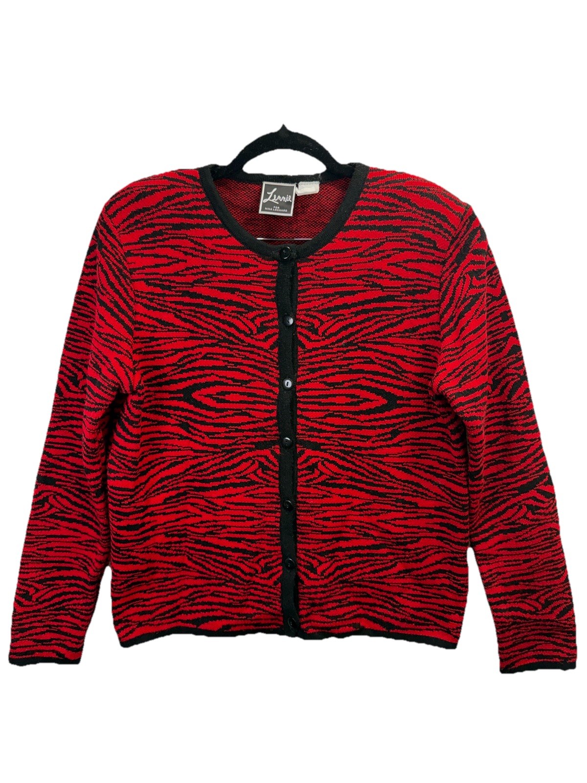 VTG Lennie By Nina Leonard Red & Black Zebra Knit Button Up Cardigan Size M