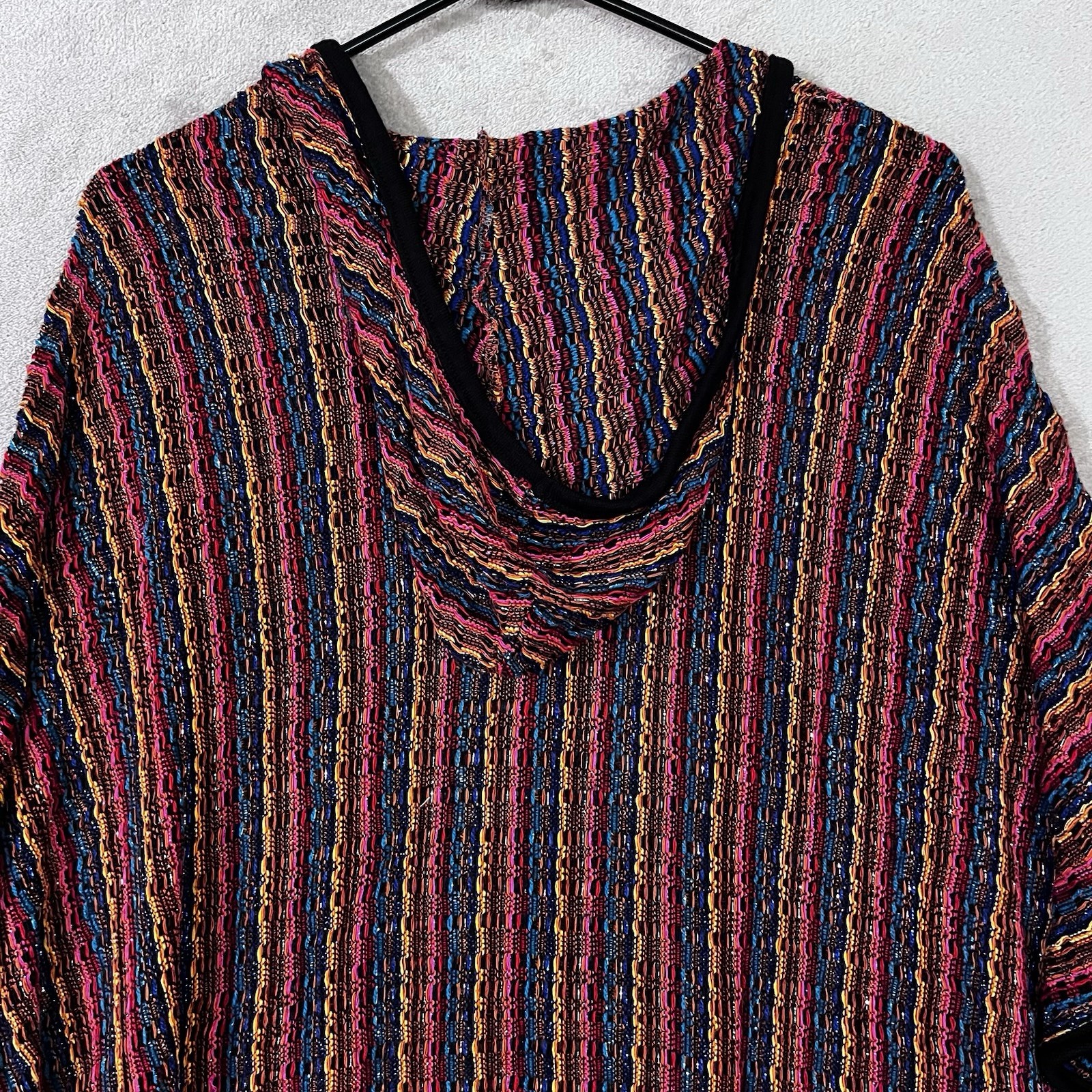 SAY WHAT? CROCHET SHAWL CARDIGAN Women XL HIPPIE Festive Colors Metallic Vtg