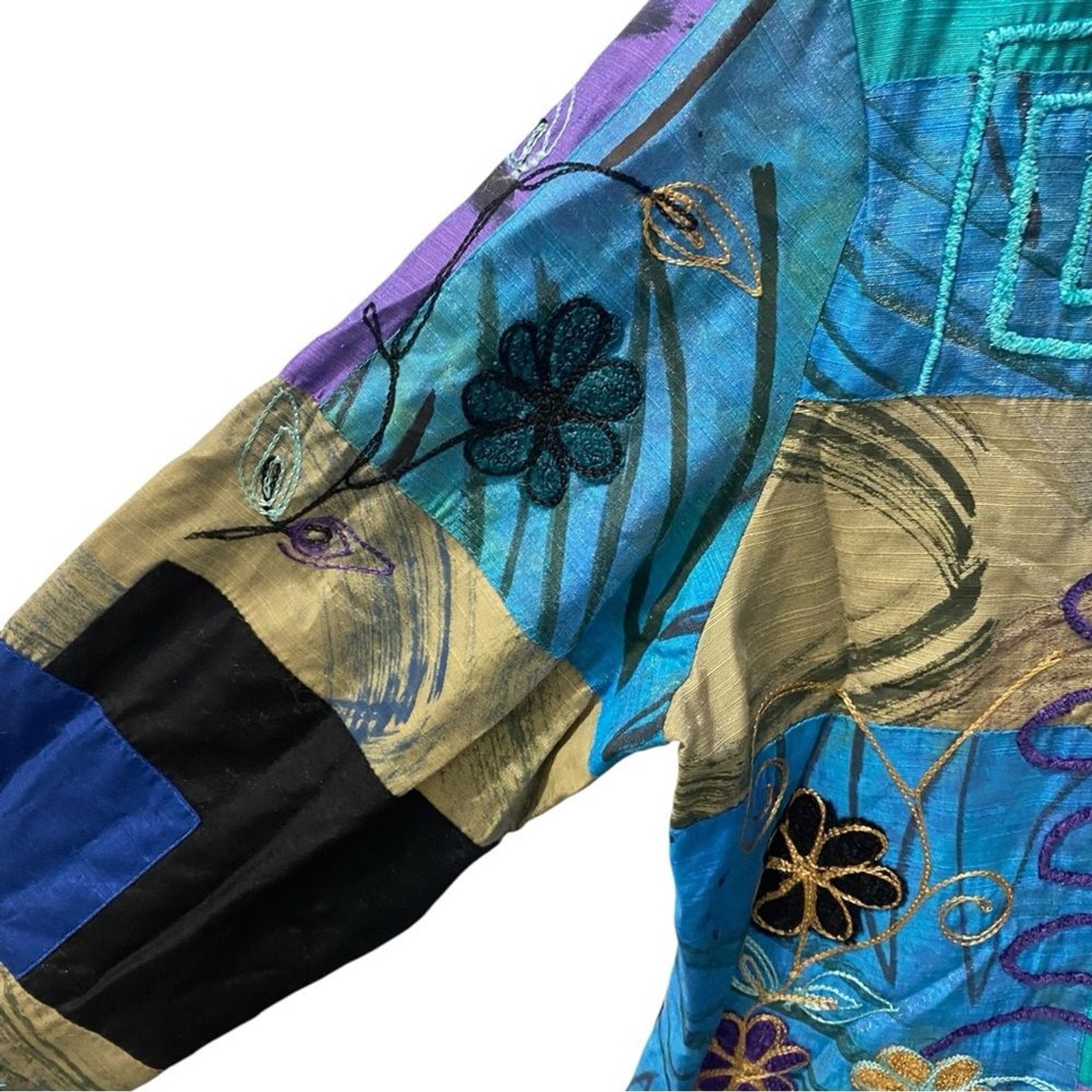 ALEX KIM Womens Artistic Patchwork Blazer 90s Vintage Cotton Rayon Size PL
