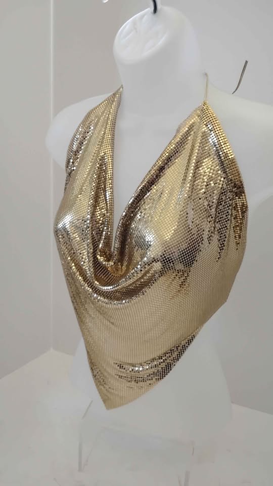 1970’s Women’s O/S Disco Gold Chainmail Metal Mesh Halter Top Belt & Purse 3 PCS
