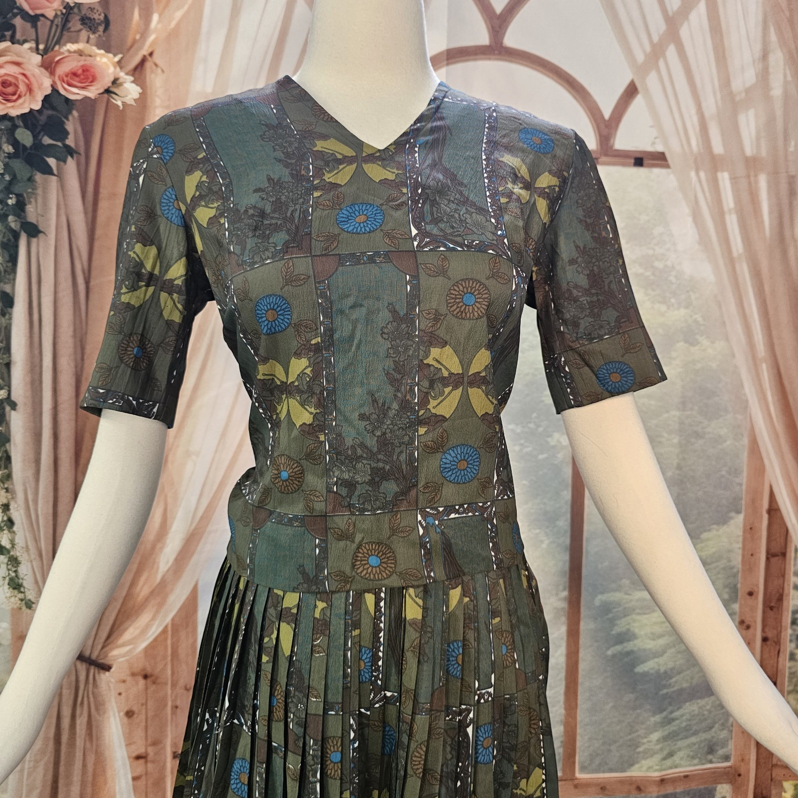 Vintage 1960’s Blouse Skirt Set Back Button Closures Pleated Skirt Olive Blue