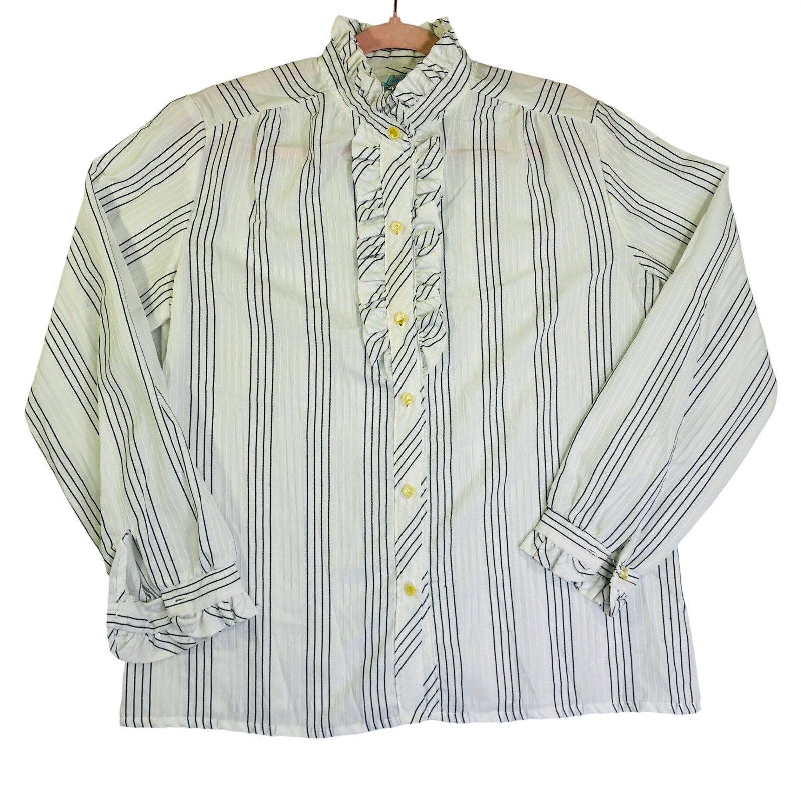Lady Holiday Vintage Ruffle Neck Striped Blouse White Black Long Sleeve Top