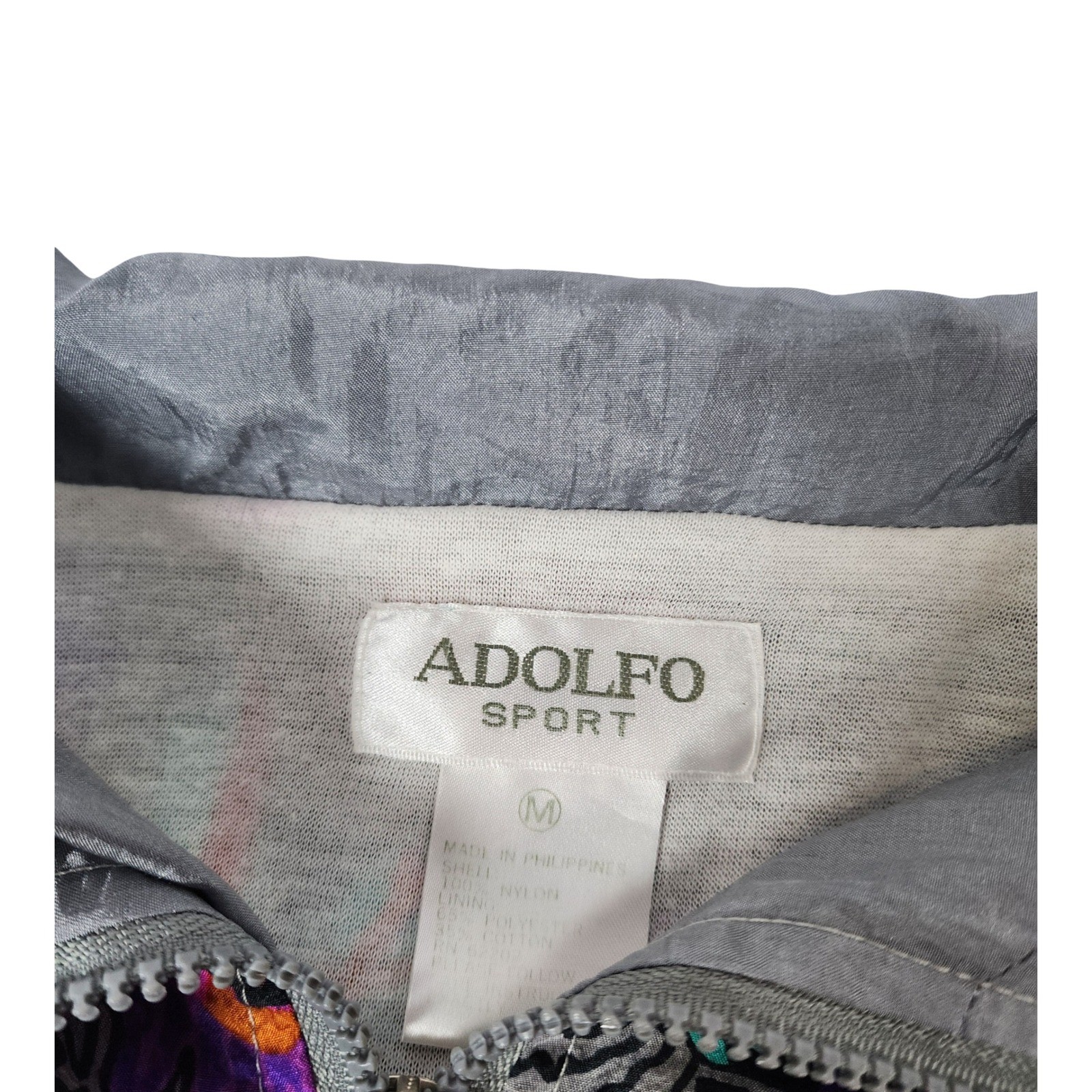 Adolfo Sport Vintage 90s Retro Windbreaker Jacket Silver Floral Abstract Zip M