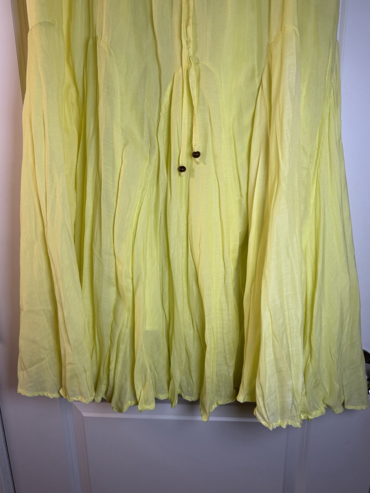 Vintage Y2K Mix Nouveau Yellow Smocked Waist Maxi Skirt Boho Beaded Tassels XL
